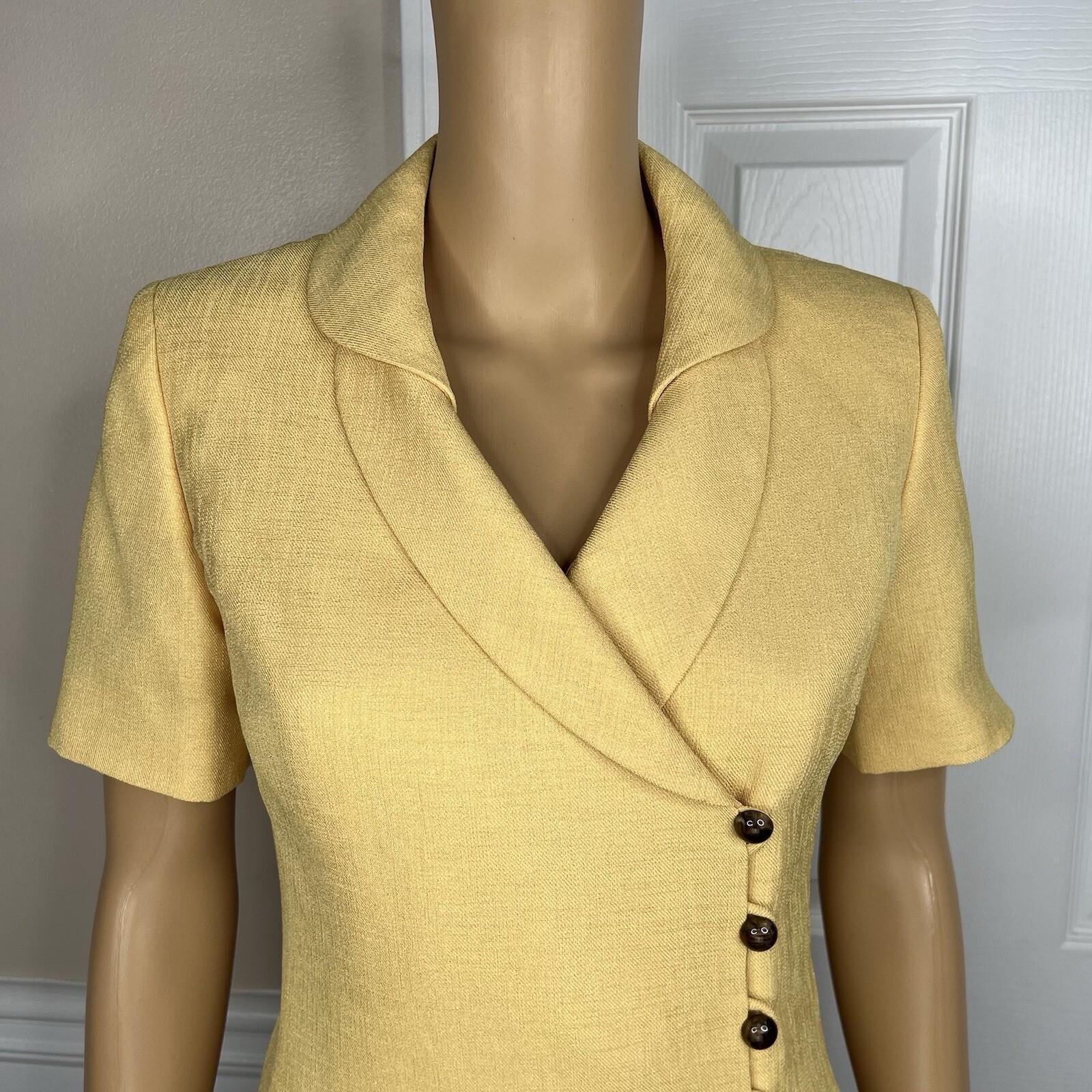 LE SUIT Polyester Skirt Suit 4P Brown Yellow Shawl Collar Wrap Short Sleeves 2PC