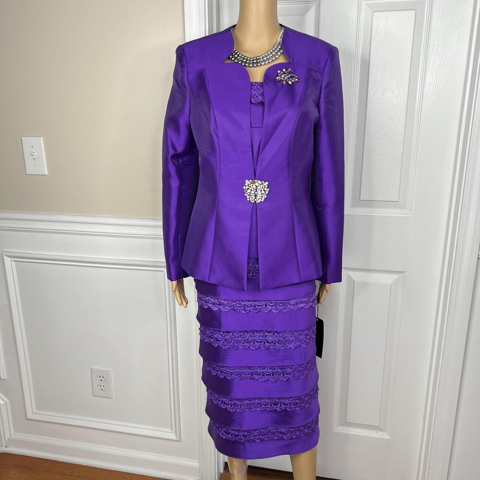 10-646.jpg Diana Polyester Skirt Suit Top Size 8 Purple Tiered Ruffle Elastic Waist 3PC New