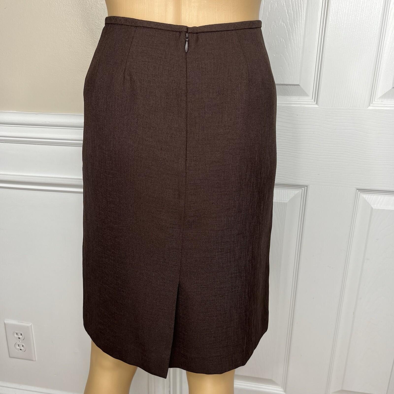 LE SUIT Polyester Skirt Suit 4P Brown Yellow Shawl Collar Wrap Short Sleeves 2PC