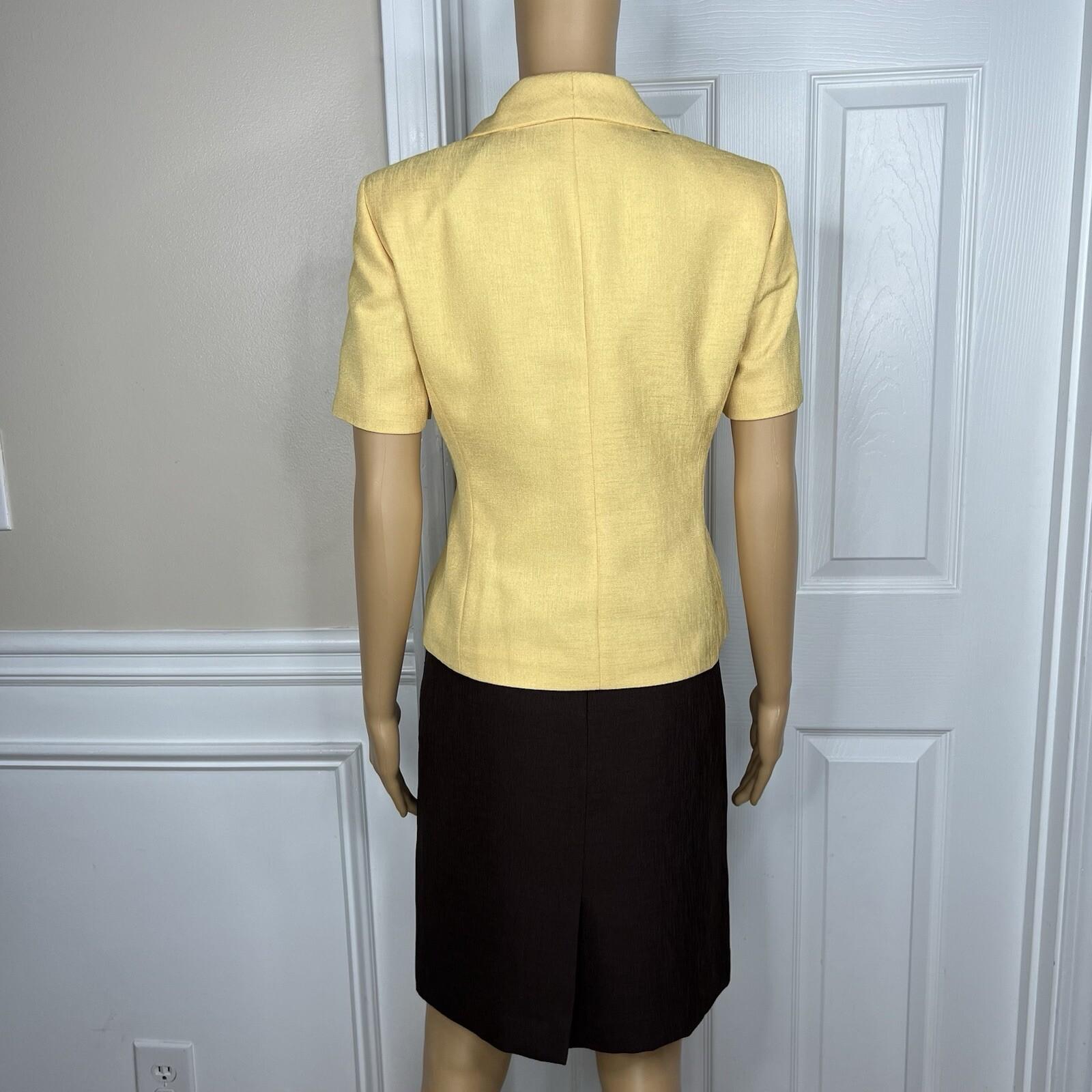 LE SUIT Polyester Skirt Suit 4P Brown Yellow Shawl Collar Wrap Short Sleeves 2PC