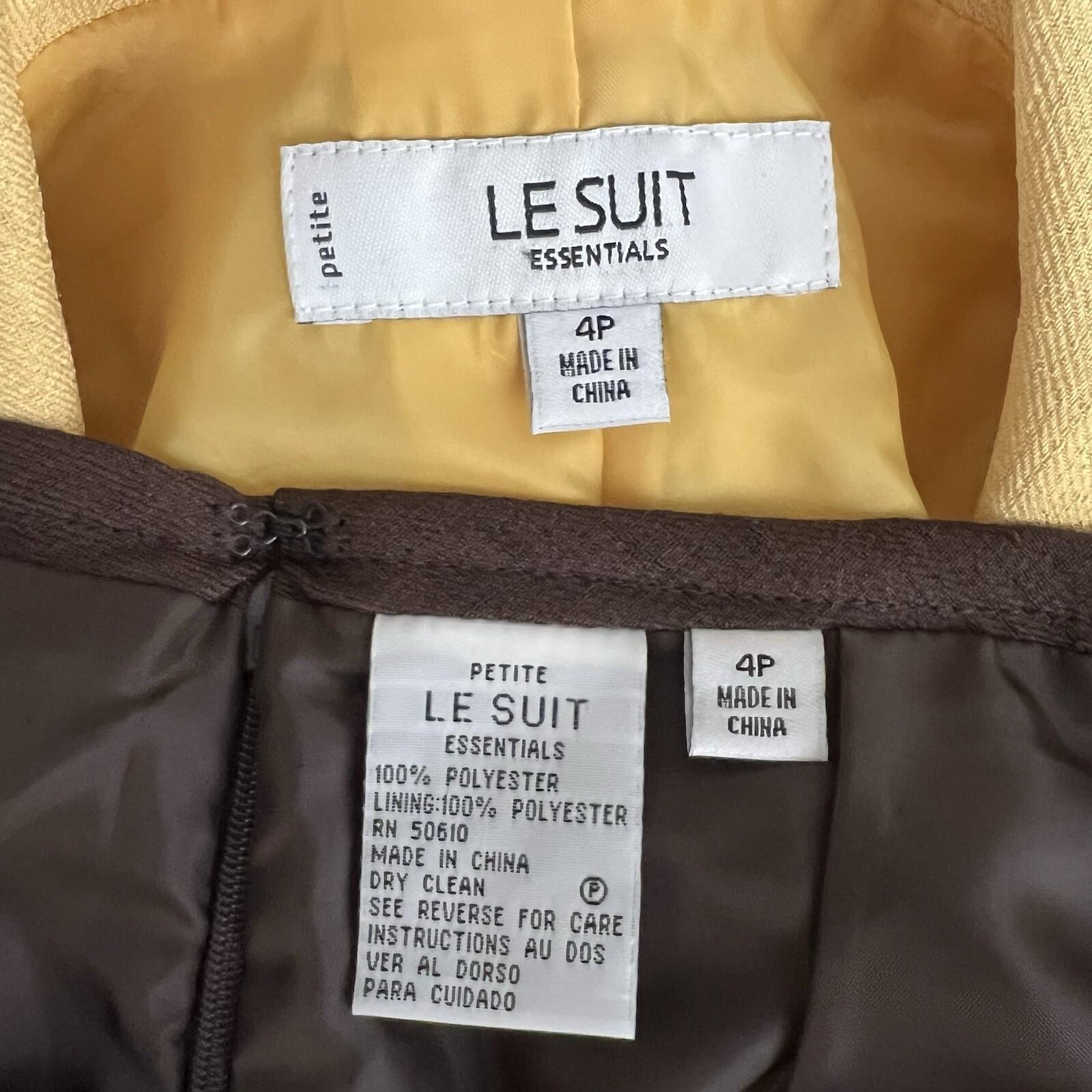 LE SUIT Polyester Skirt Suit 4P Brown Yellow Shawl Collar Wrap Short Sleeves 2PC