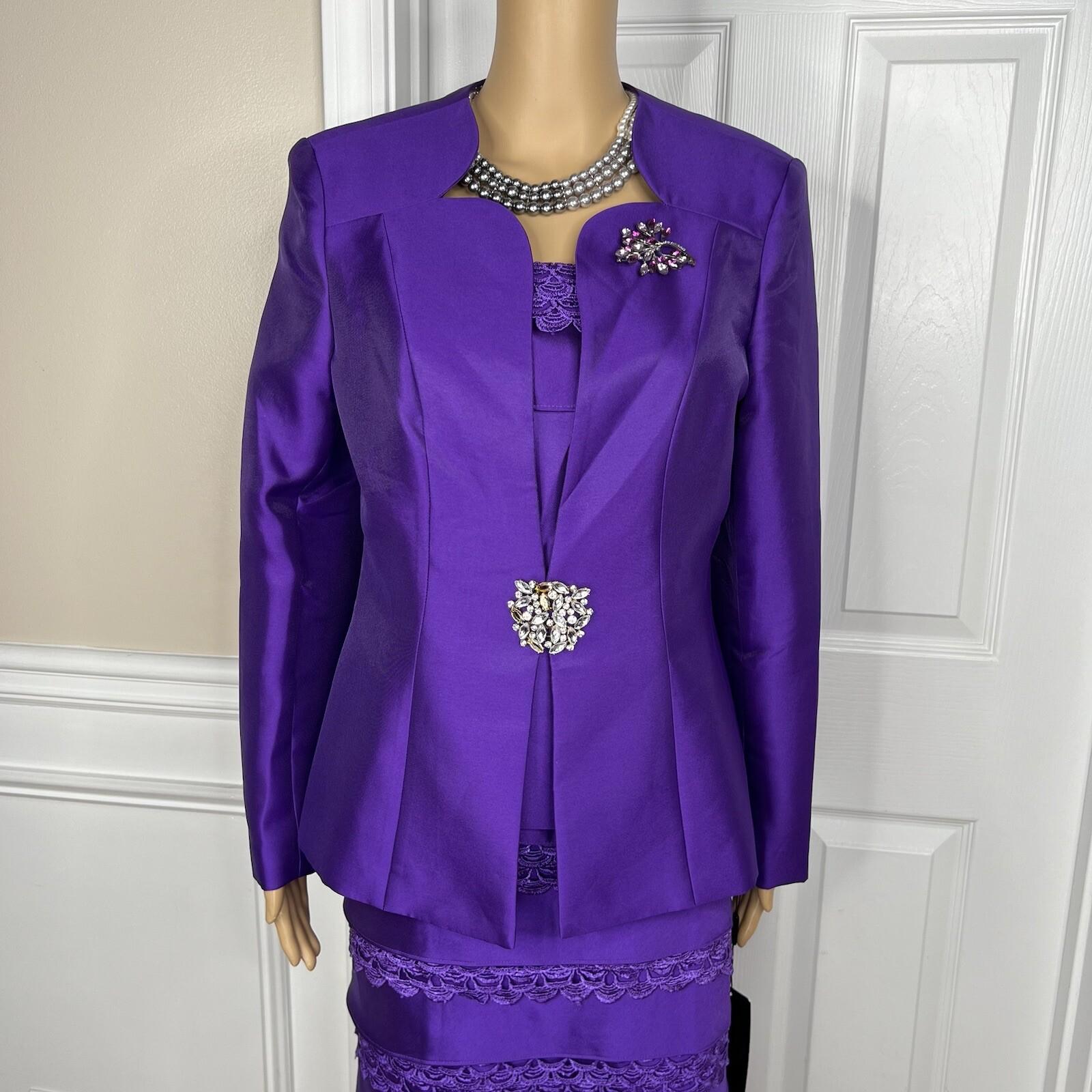 10-647.jpg Diana Polyester Skirt Suit Top Size 8 Purple Tiered Ruffle Elastic Waist 3PC New