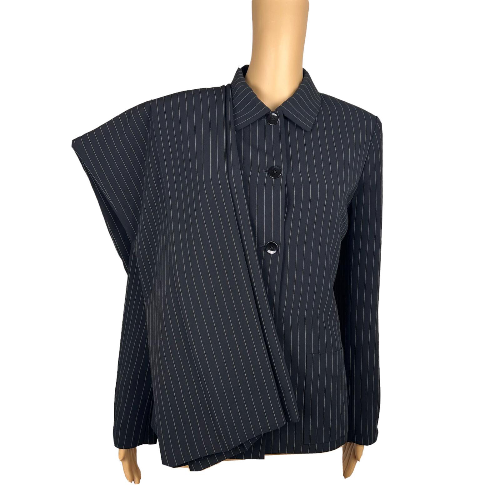 10-6474.jpg TAHARI ASL 2PC Black Striped Polyester Rayon Lined Collared Pant Suit Size 8