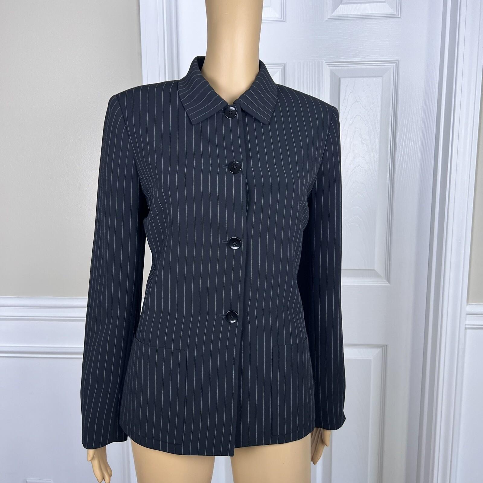 10-6476.jpg TAHARI ASL 2PC Black Striped Polyester Rayon Lined Collared Pant Suit Size 8