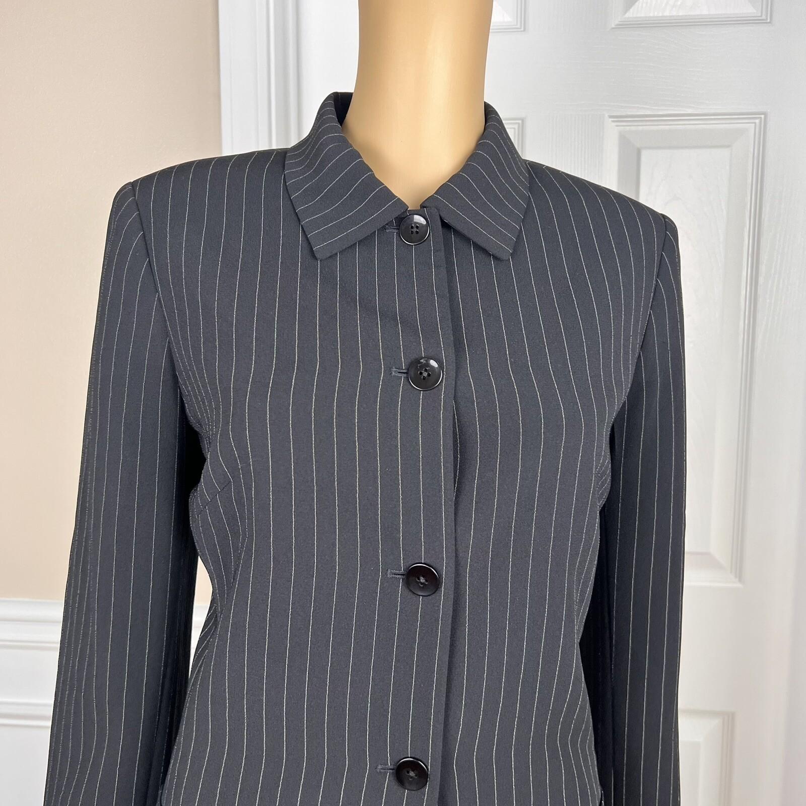 10-6477.jpg TAHARI ASL 2PC Black Striped Polyester Rayon Lined Collared Pant Suit Size 8