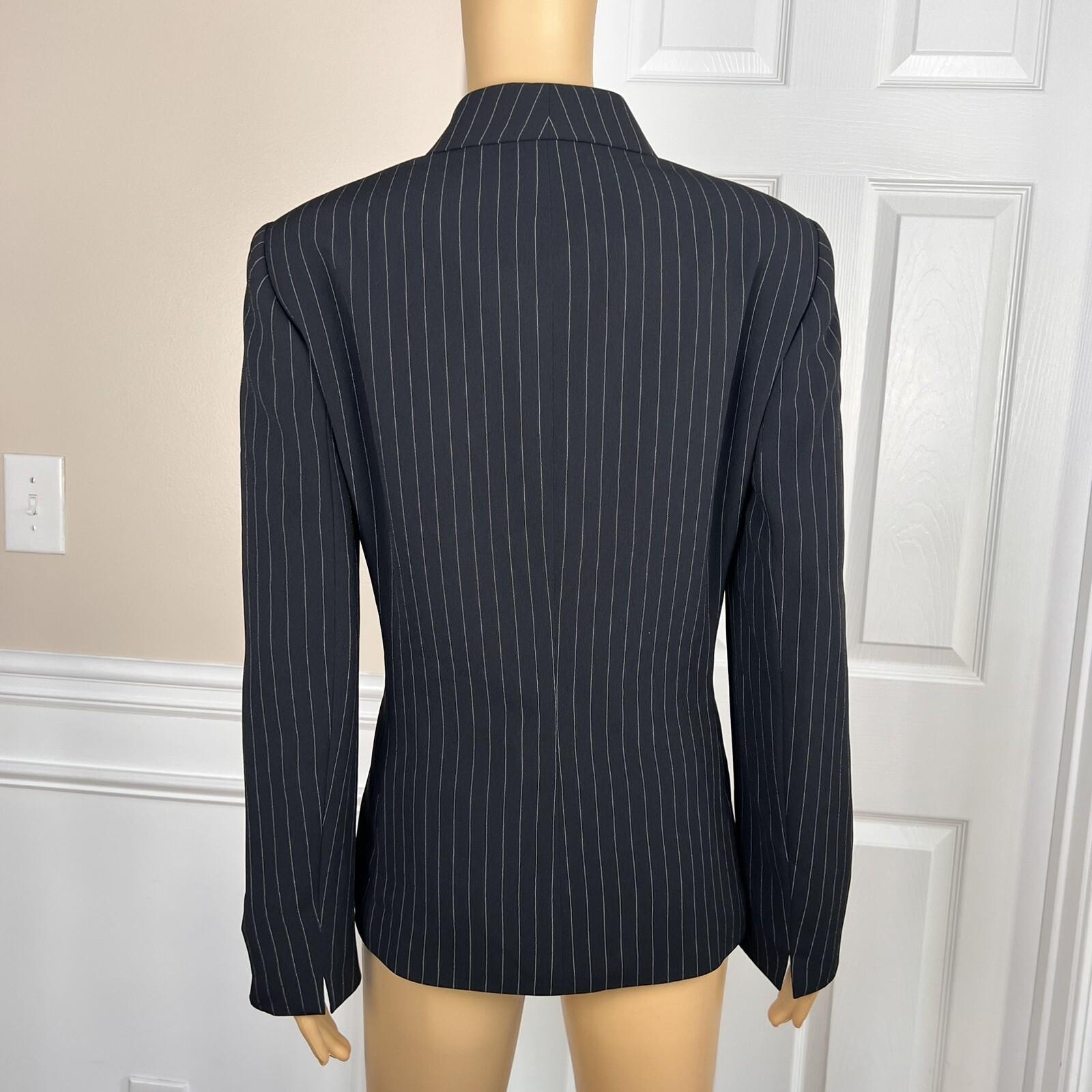 10-6478.jpg TAHARI ASL 2PC Black Striped Polyester Rayon Lined Collared Pant Suit Size 8