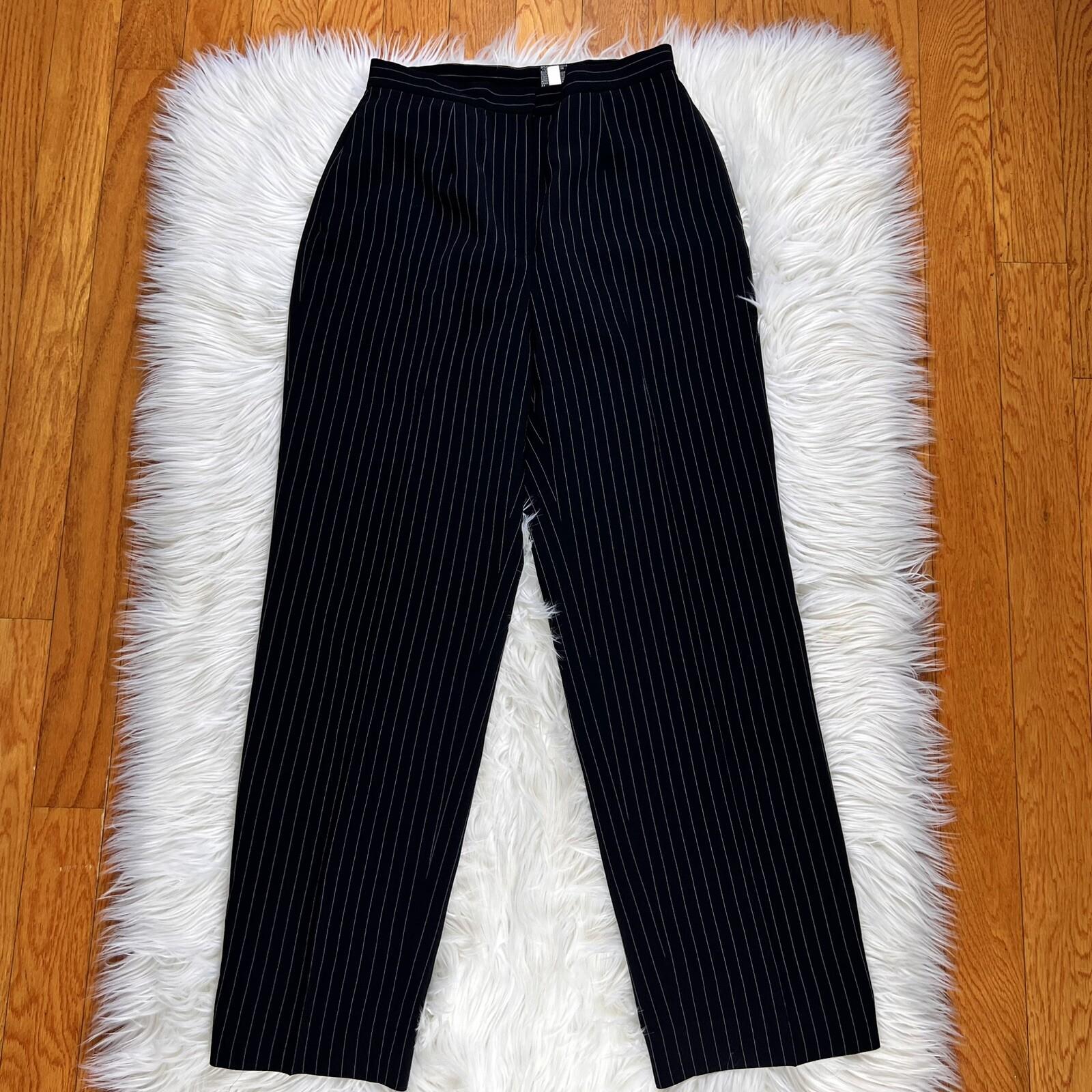 10-6480.jpg TAHARI ASL 2PC Black Striped Polyester Rayon Lined Collared Pant Suit Size 8