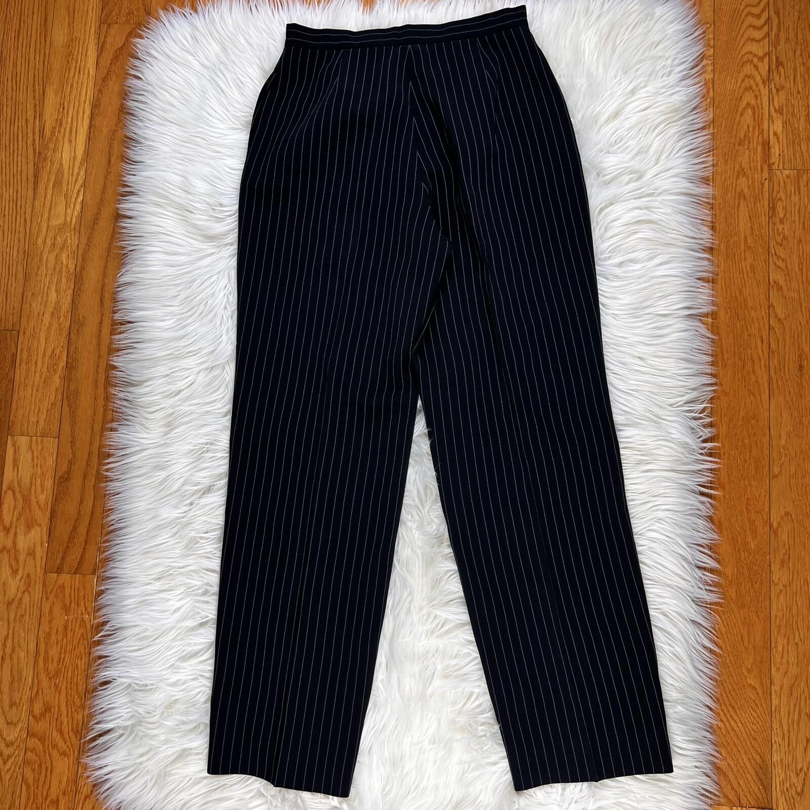 10-6481.jpg TAHARI ASL 2PC Black Striped Polyester Rayon Lined Collared Pant Suit Size 8
