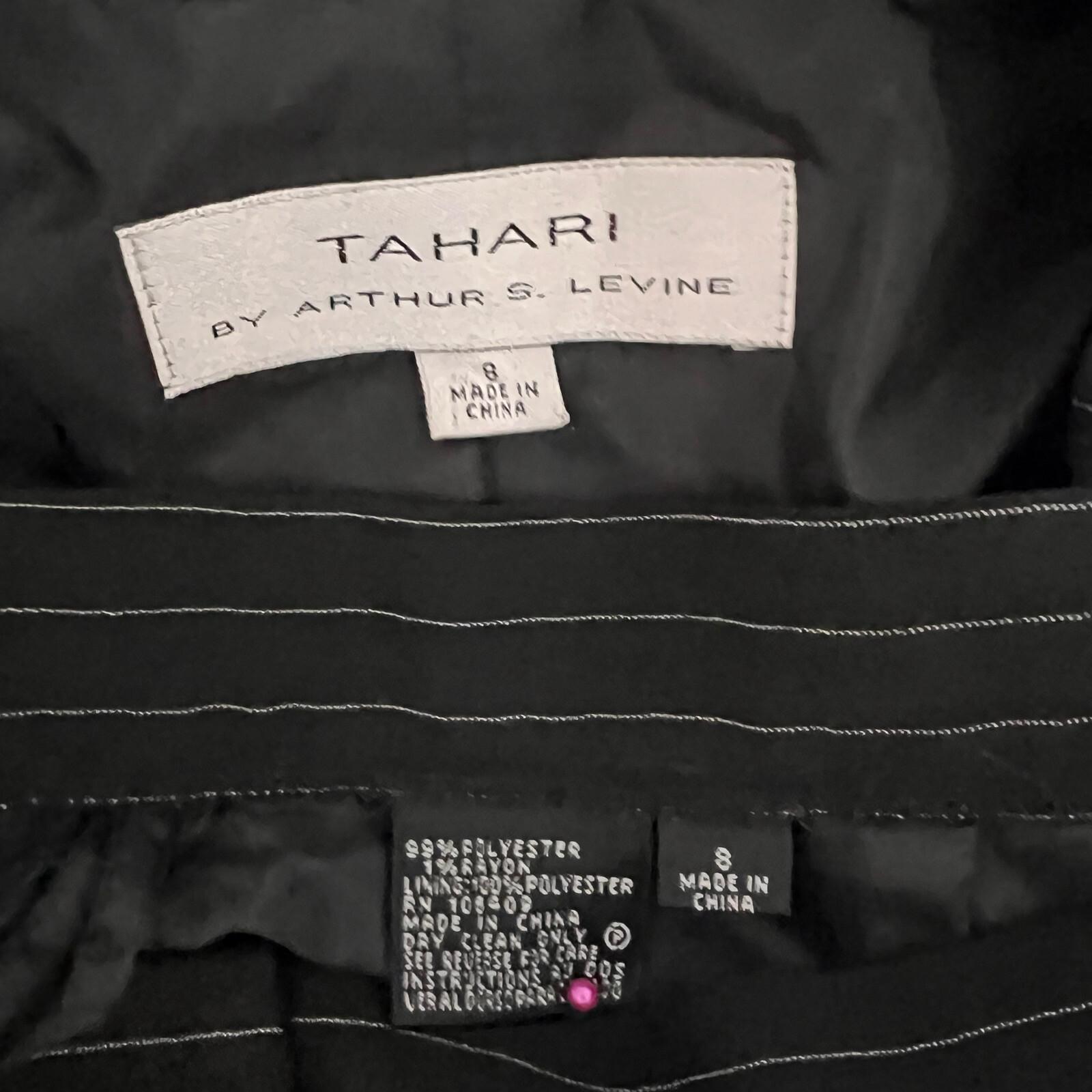 10-6482.jpg TAHARI ASL 2PC Black Striped Polyester Rayon Lined Collared Pant Suit Size 8