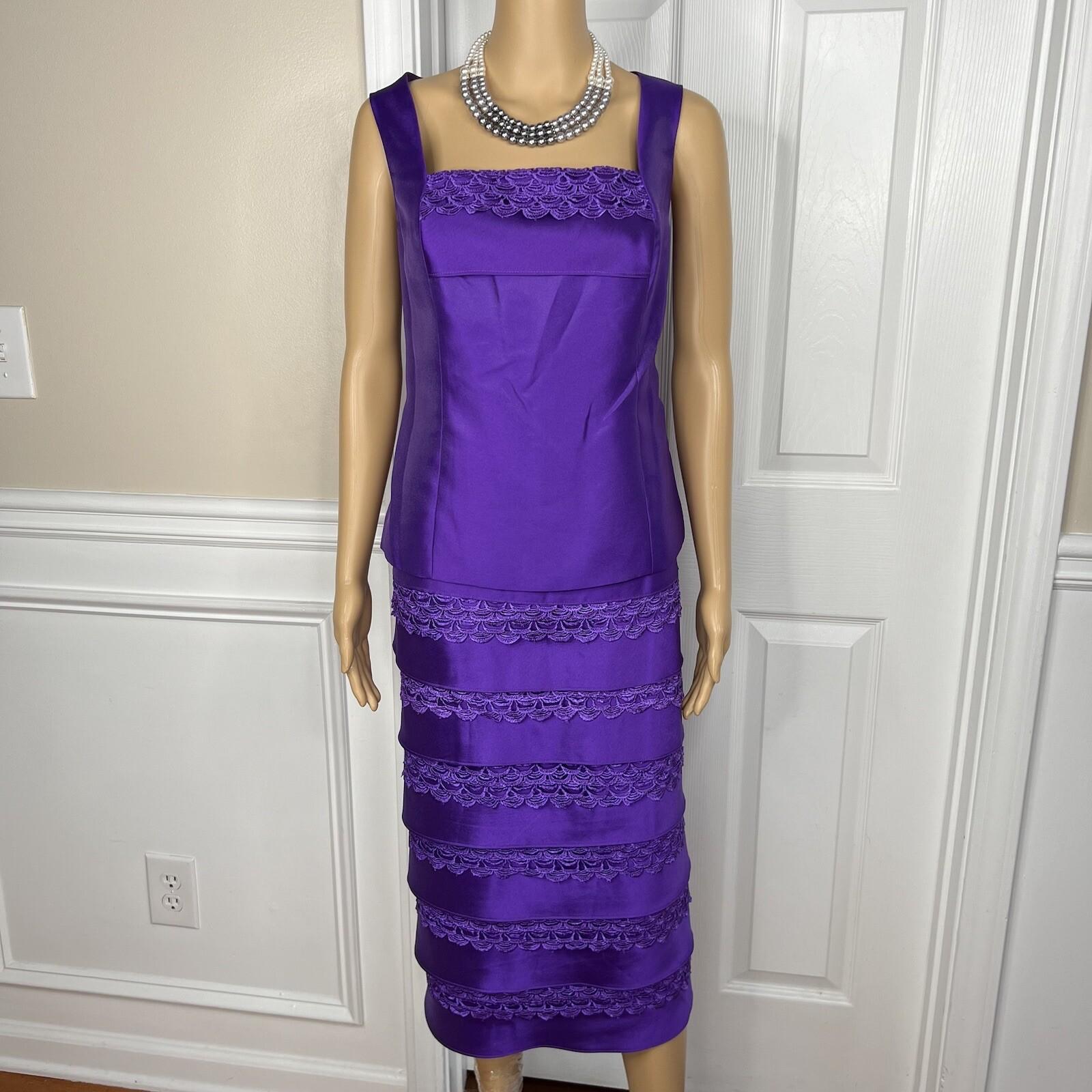 10-649.jpg Diana Polyester Skirt Suit Top Size 8 Purple Tiered Ruffle Elastic Waist 3PC New