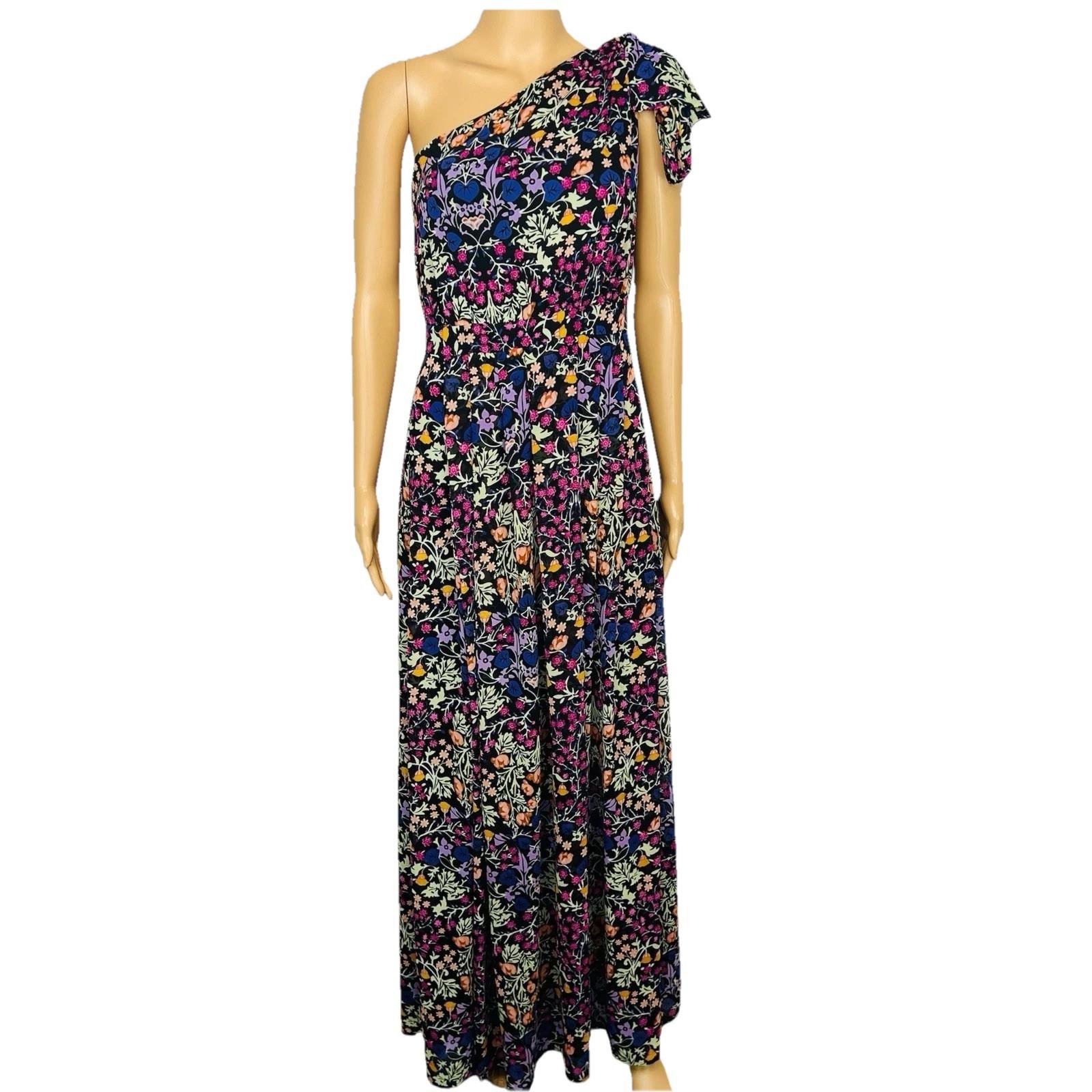 Eva Mendes Maxi Dress S Floral One shoulder Pleated Multicolor Chiffon Elegant
