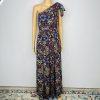Eva Mendes Maxi Dress S Floral One shoulder Pleated Multicolor Chiffon Elegant