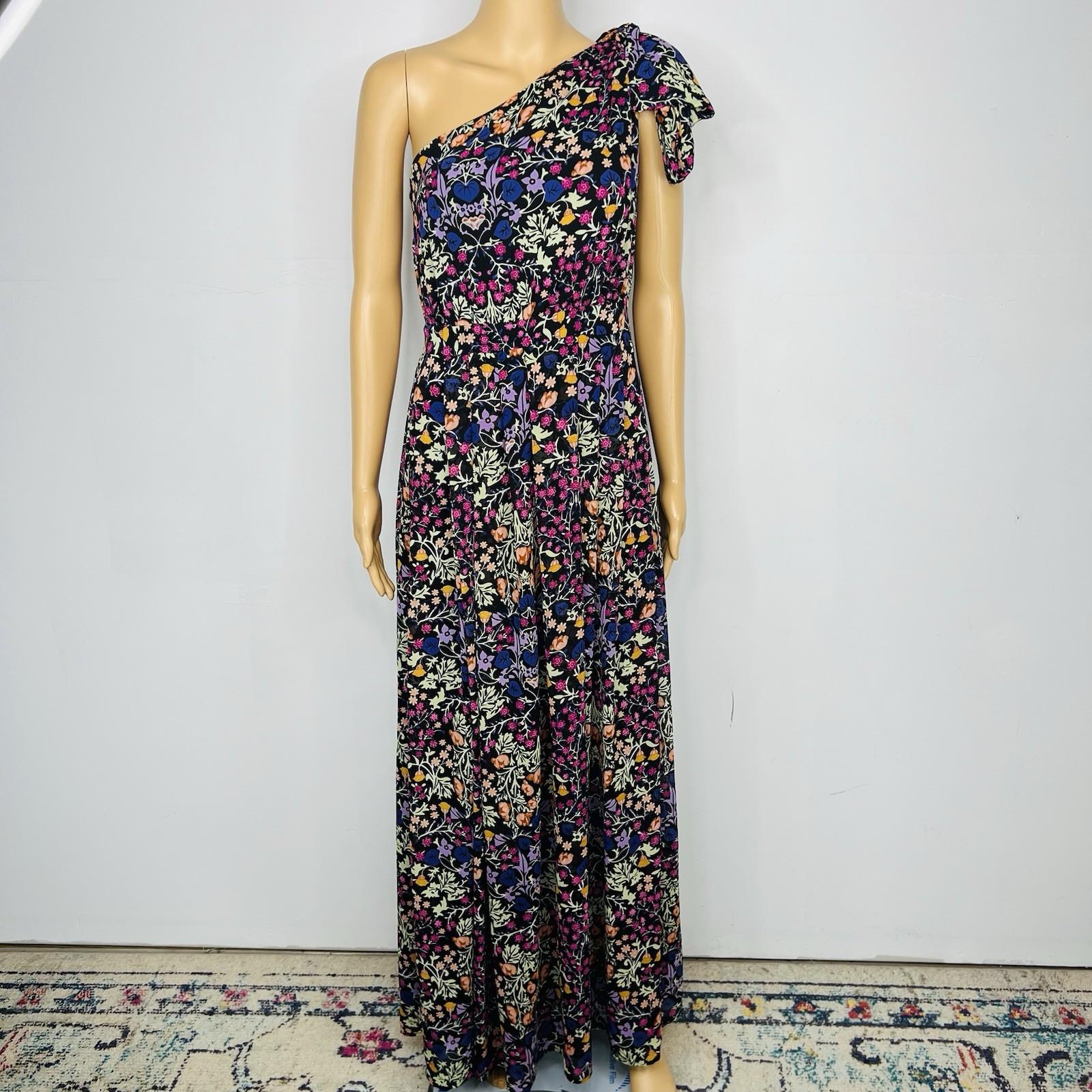 Eva Mendes Maxi Dress S Floral One shoulder Pleated Multicolor Chiffon Elegant