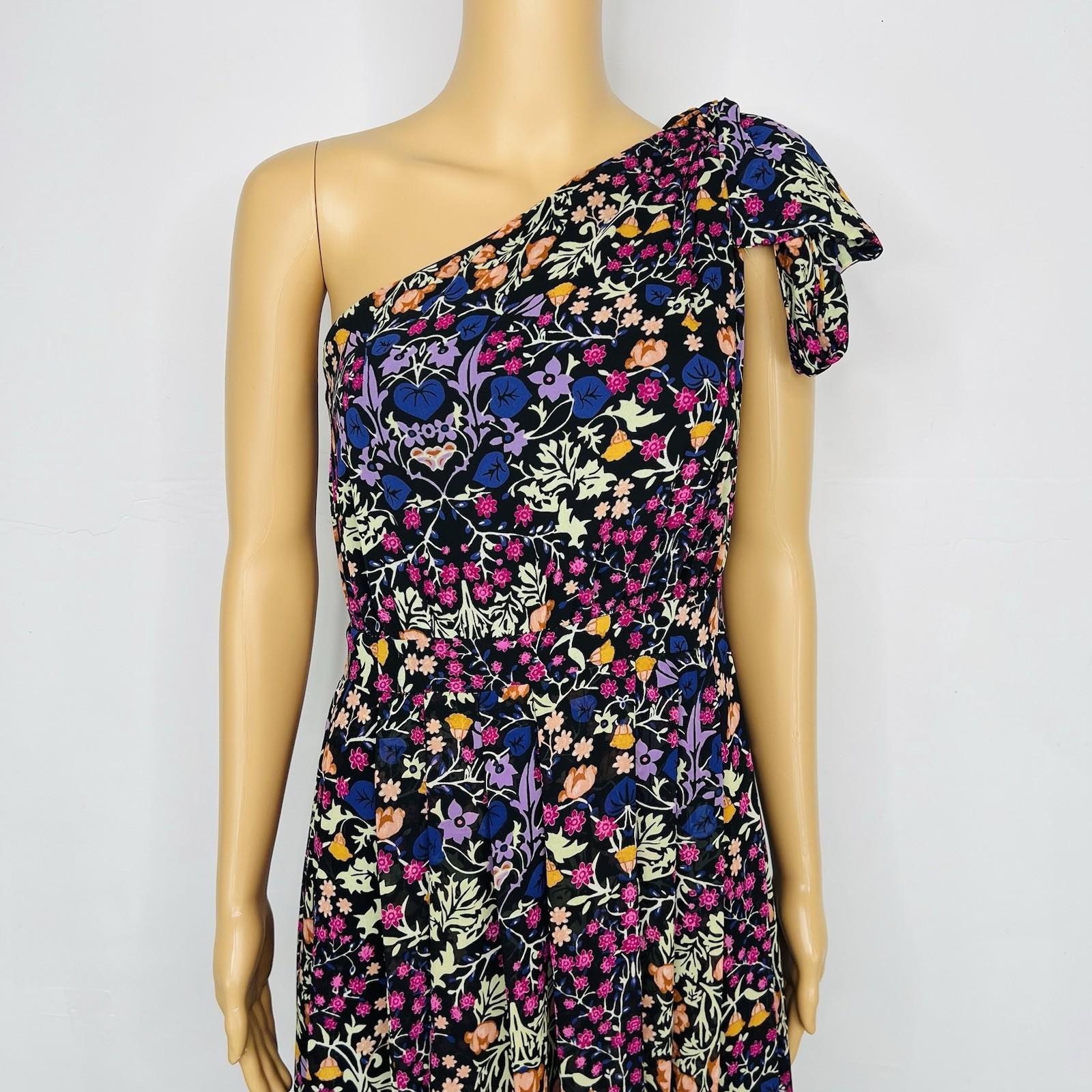 Eva Mendes Maxi Dress S Floral One shoulder Pleated Multicolor Chiffon Elegant