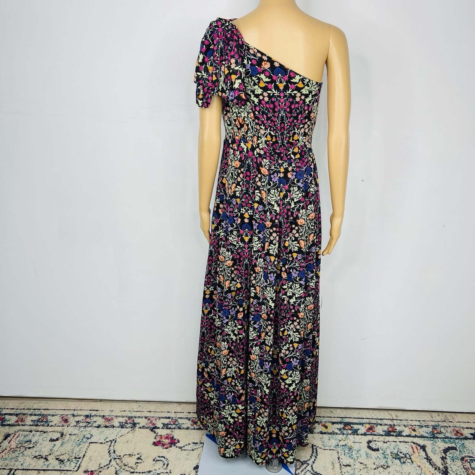 Eva Mendes Maxi Dress S Floral One shoulder Pleated Multicolor Chiffon Elegant