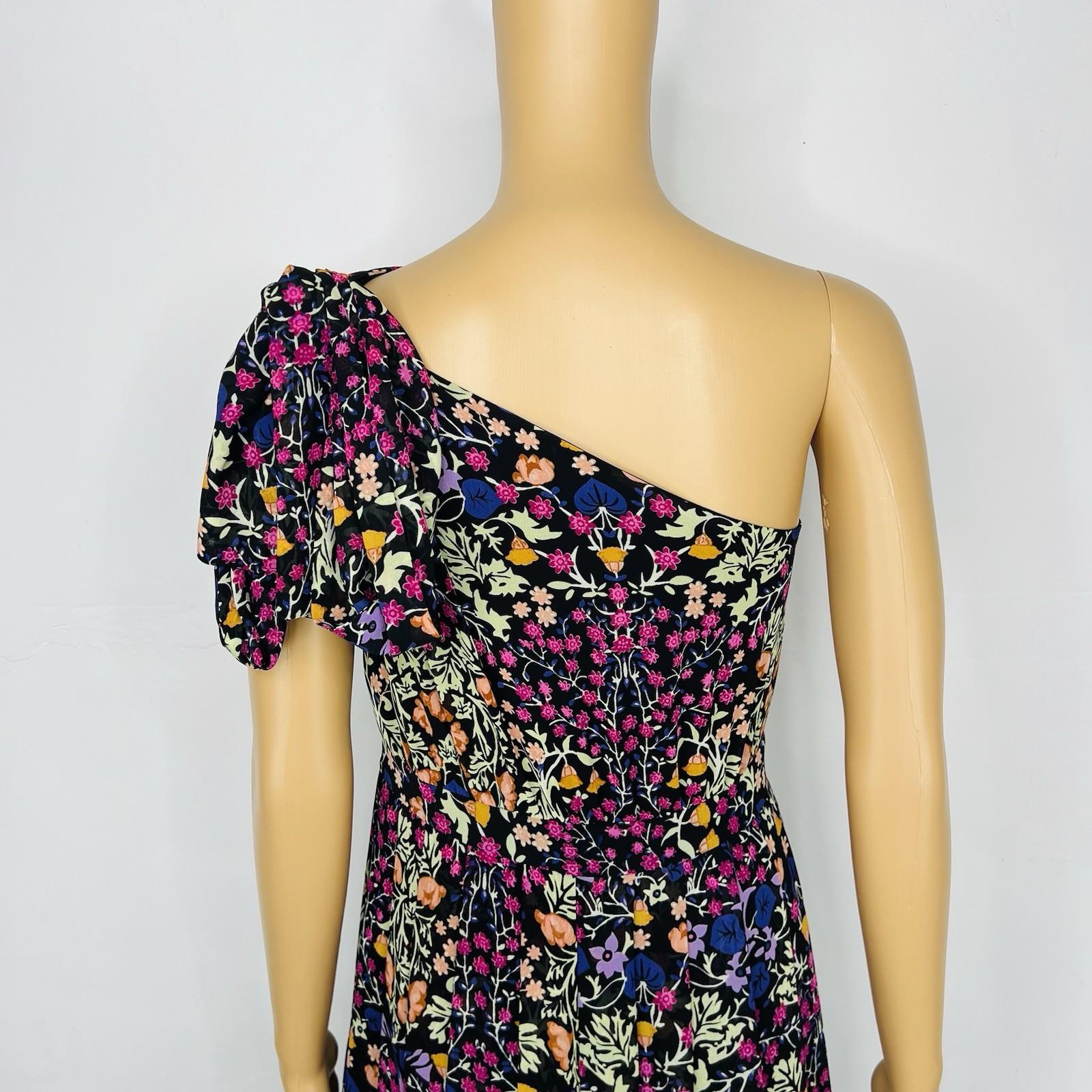 Eva Mendes Maxi Dress S Floral One shoulder Pleated Multicolor Chiffon Elegant
