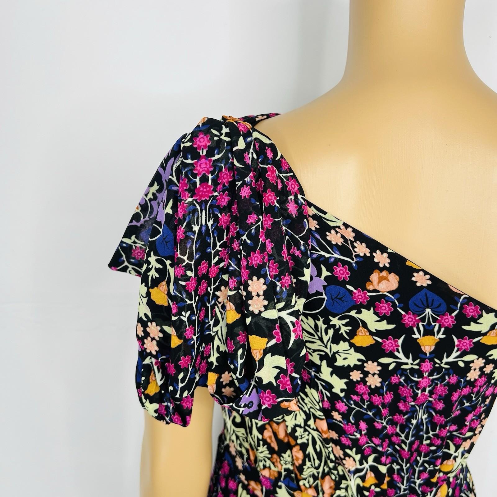 Eva Mendes Maxi Dress S Floral One shoulder Pleated Multicolor Chiffon Elegant