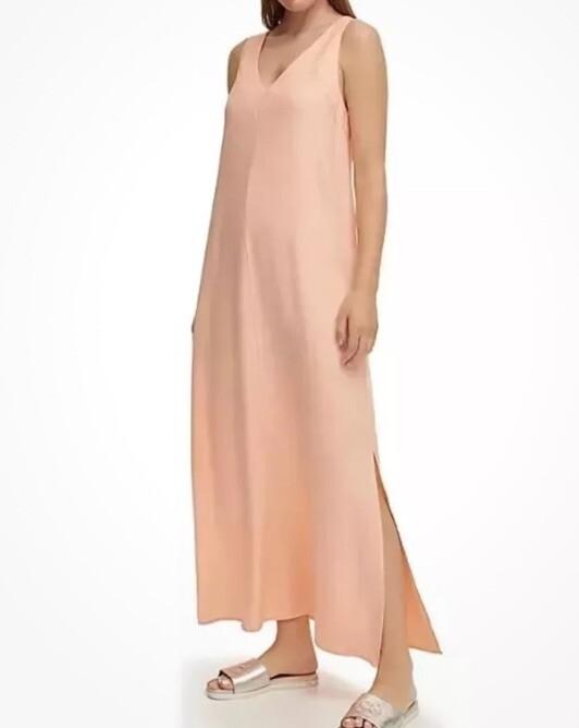 DKNY Linen Maxi Dress M Flamingo Sleeveless Relaxed Slit Loungewear Flattering