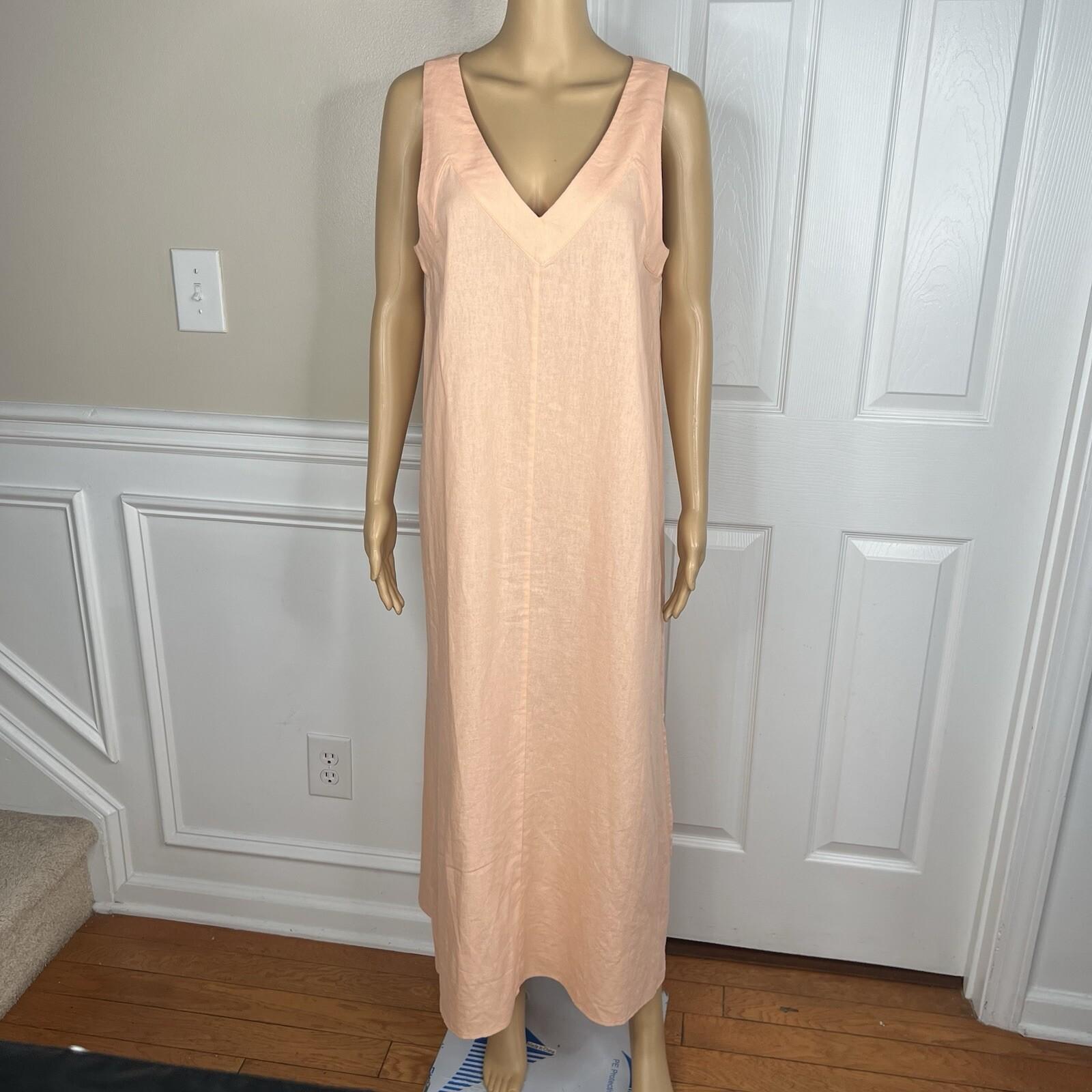 DKNY Linen Maxi Dress M Flamingo Sleeveless Relaxed Slit Loungewear Flattering