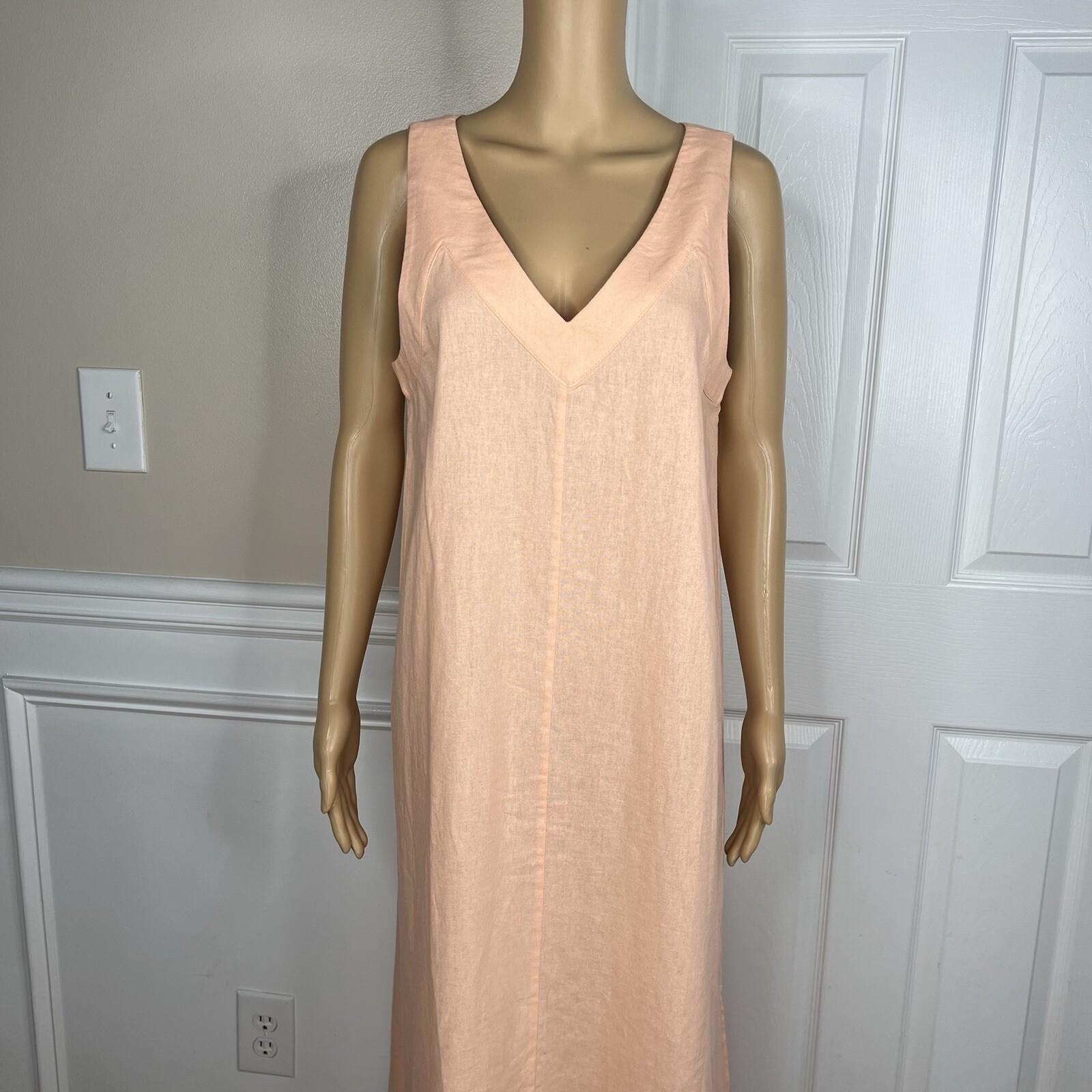 DKNY Linen Maxi Dress M Flamingo Sleeveless Relaxed Slit Loungewear Flattering