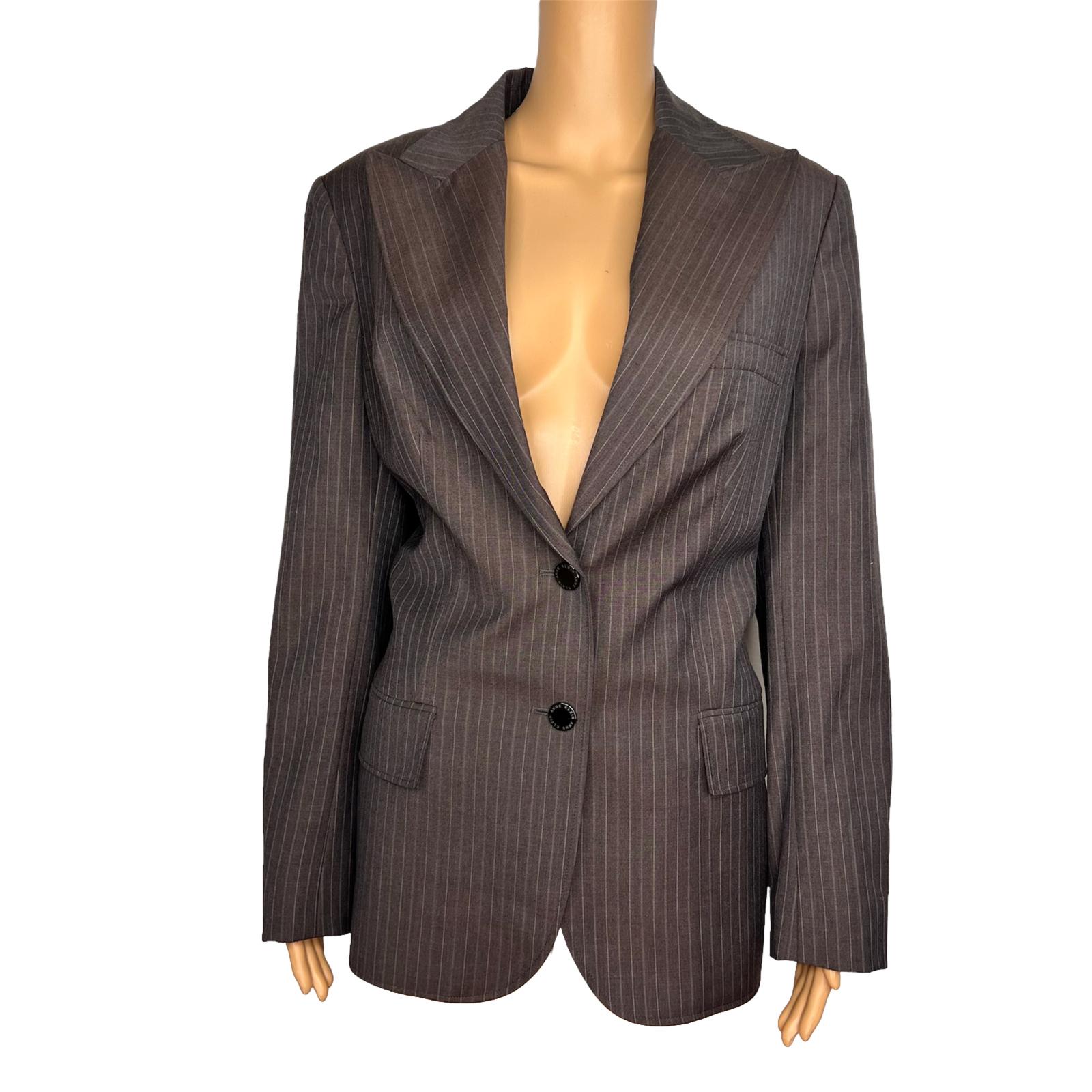 ANNE KLEIN Women Brown Striped Lined Single Wool Polyester Blazer Size 14