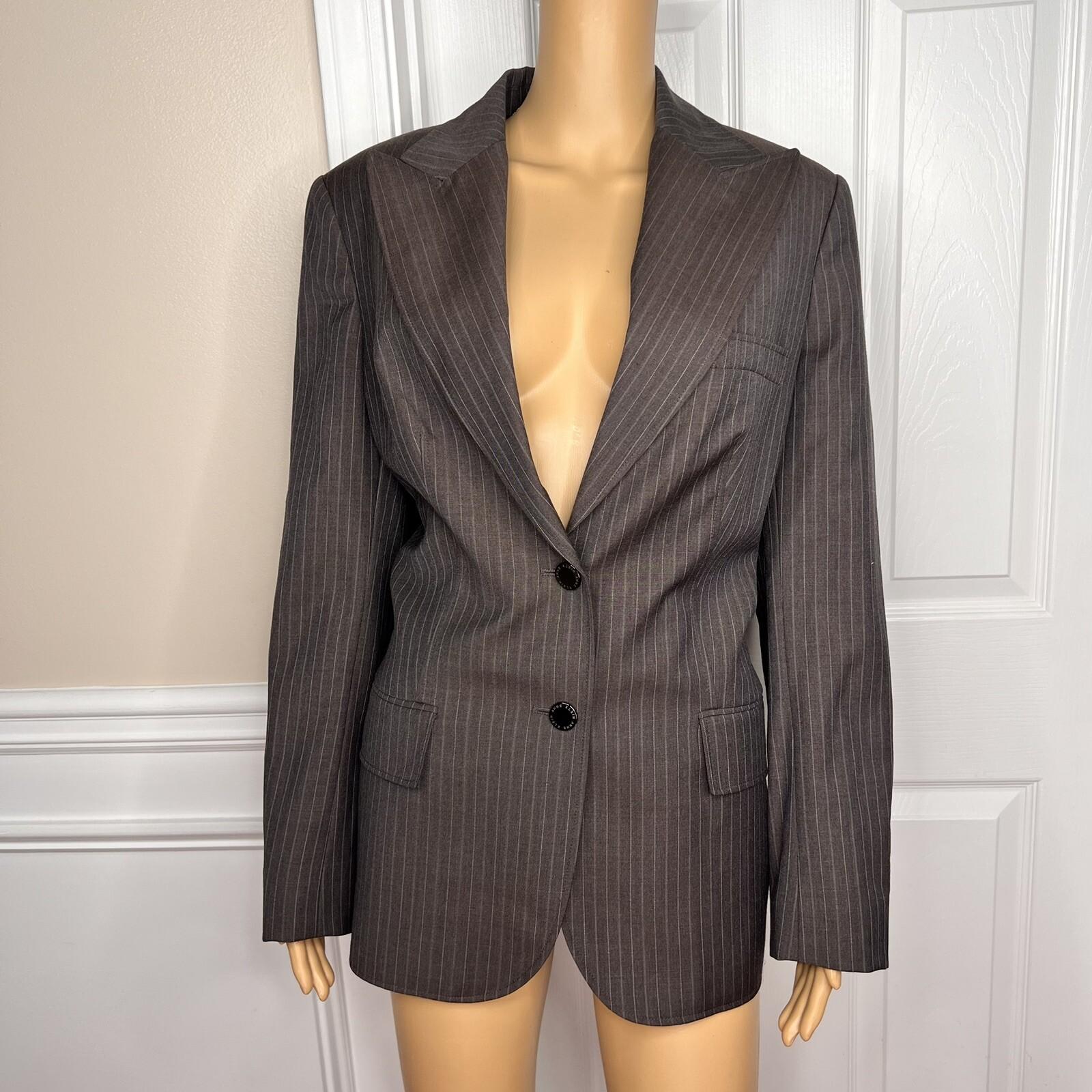 ANNE KLEIN Women Brown Striped Lined Single Wool Polyester Blazer Size 14