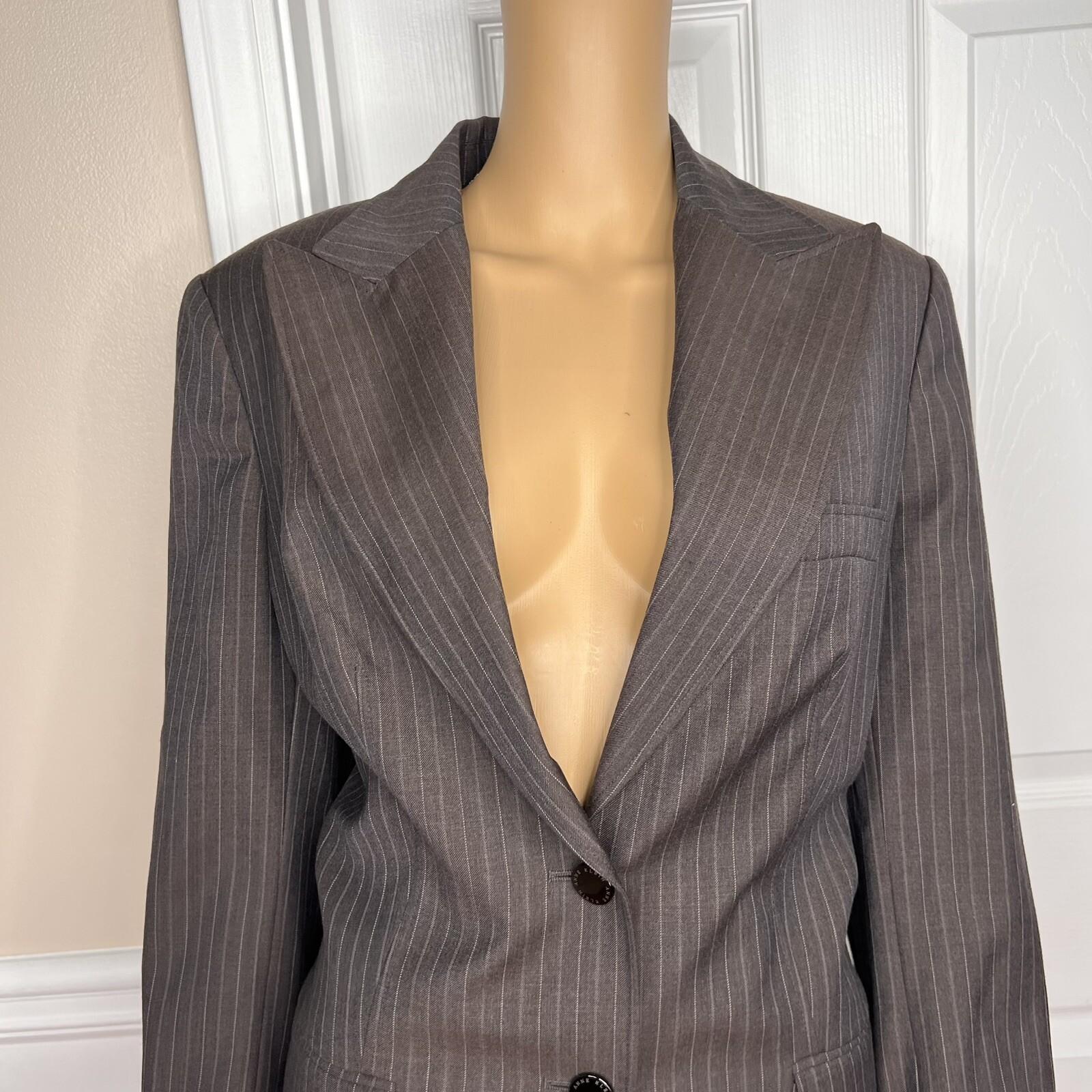 ANNE KLEIN Women Brown Striped Lined Single Wool Polyester Blazer Size 14