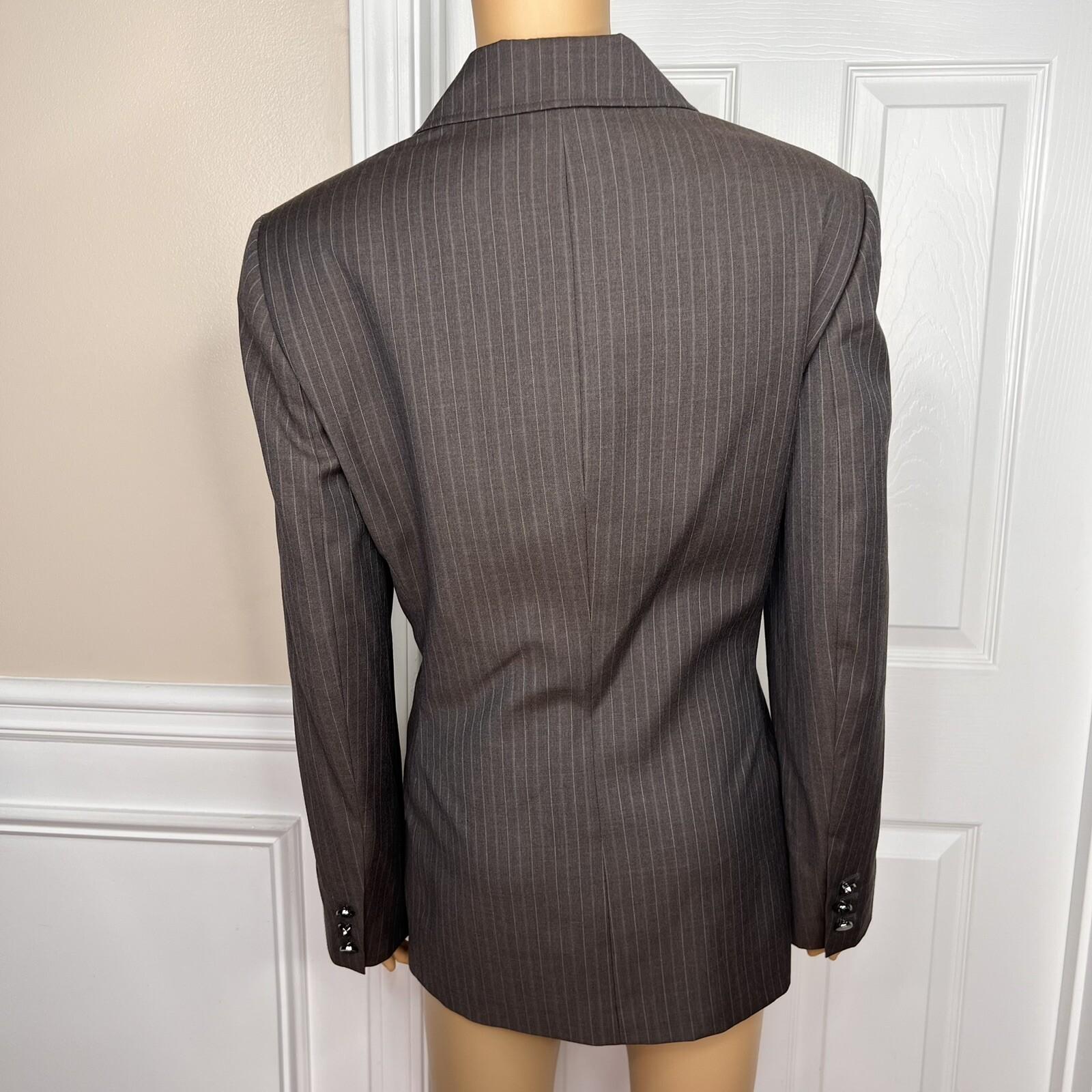 ANNE KLEIN Women Brown Striped Lined Single Wool Polyester Blazer Size 14