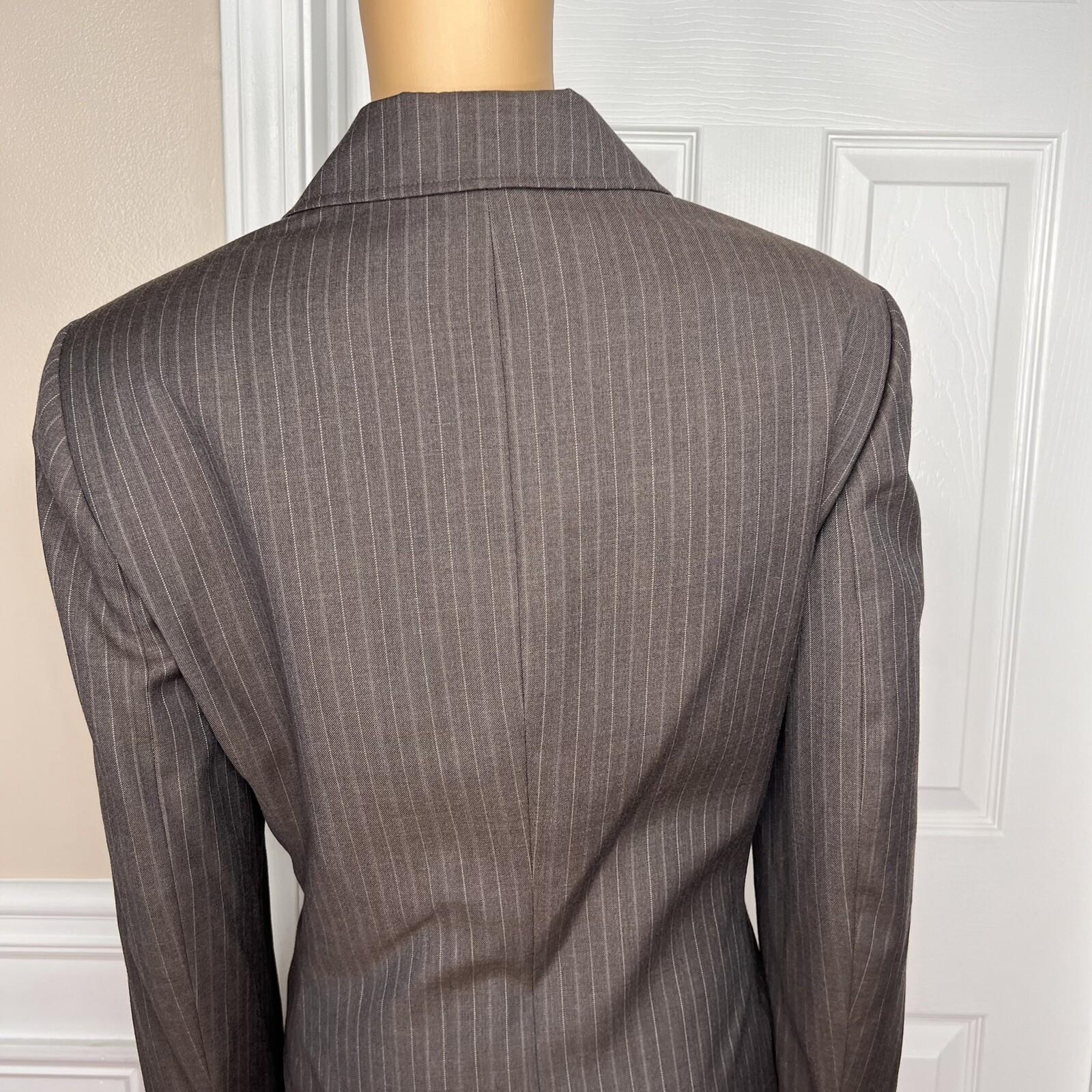 ANNE KLEIN Women Brown Striped Lined Single Wool Polyester Blazer Size 14