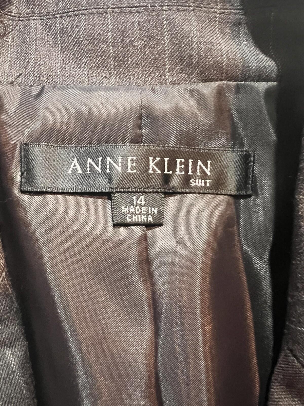 ANNE KLEIN Women Brown Striped Lined Single Wool Polyester Blazer Size 14