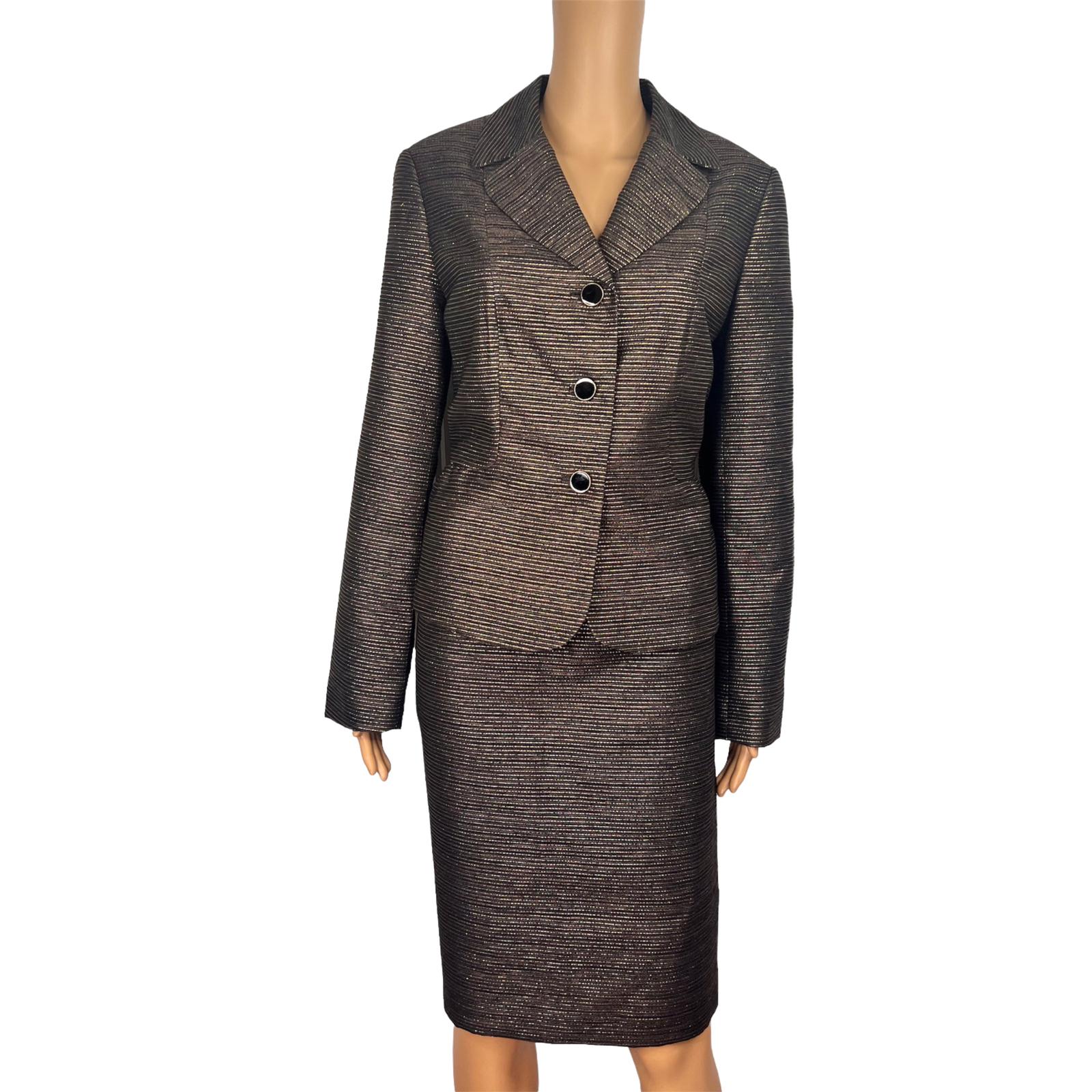 JOHN MEYER 2PC Black Gold Metallic Acrylic Wool Blend Cocktail Skirt Suit SZ 12