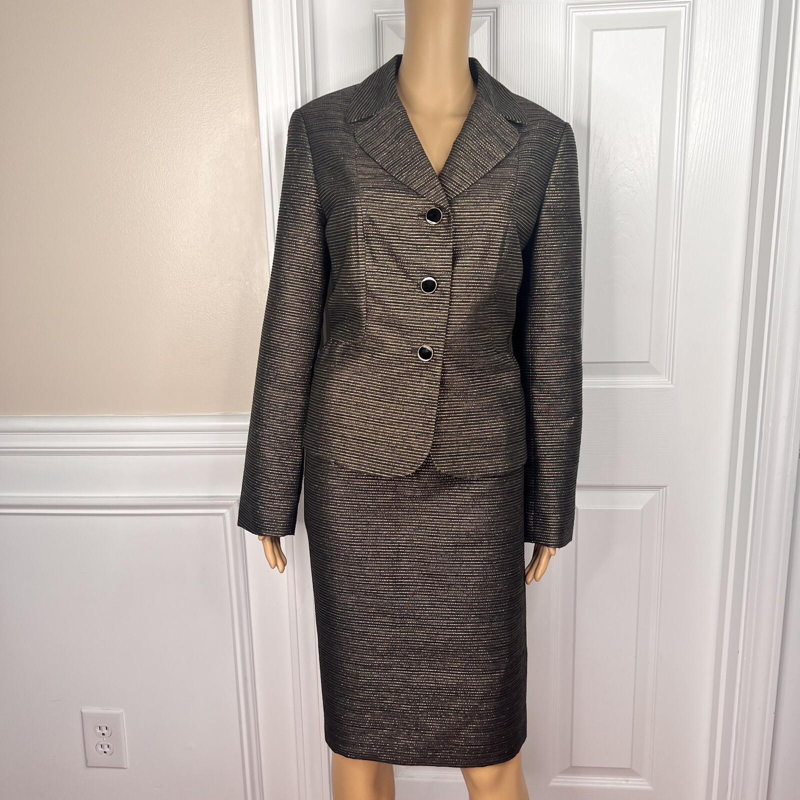 JOHN MEYER 2PC Black Gold Metallic Acrylic Wool Blend Cocktail Skirt Suit SZ 12