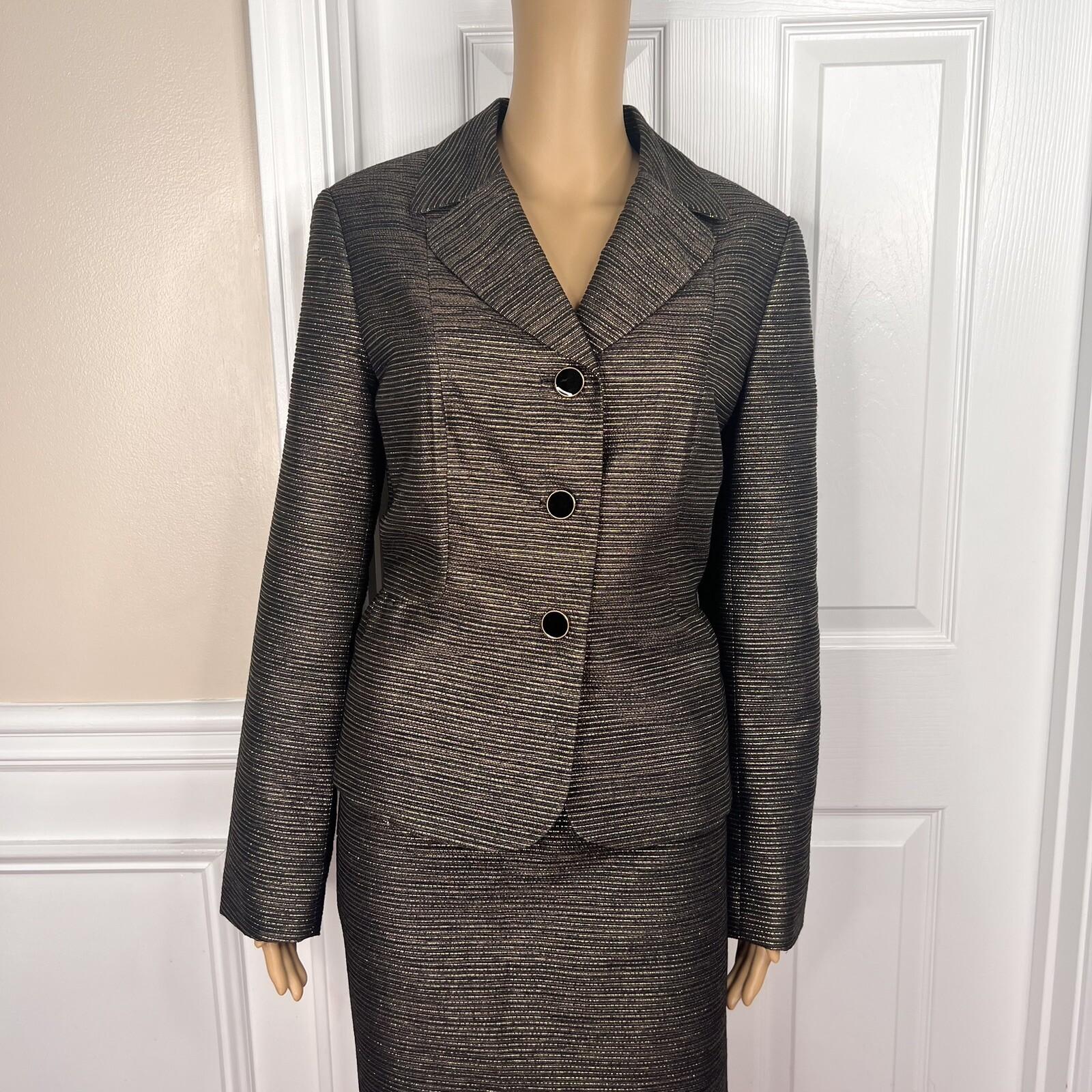 JOHN MEYER 2PC Black Gold Metallic Acrylic Wool Blend Cocktail Skirt Suit SZ 12