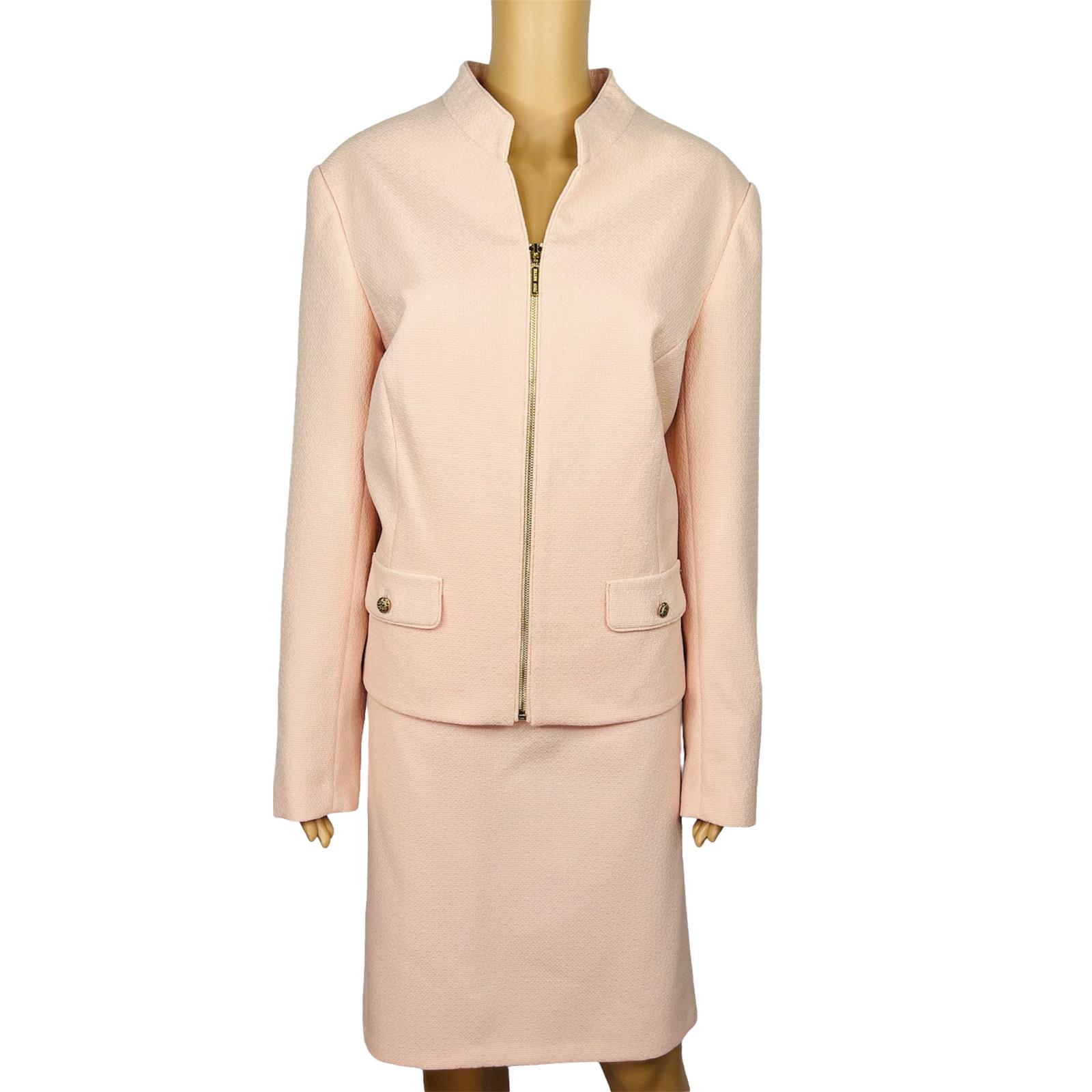 John Meyer Polyester Skirt Suit Size 16 Salmon Stand Up Collar Zip Up 2 Piece