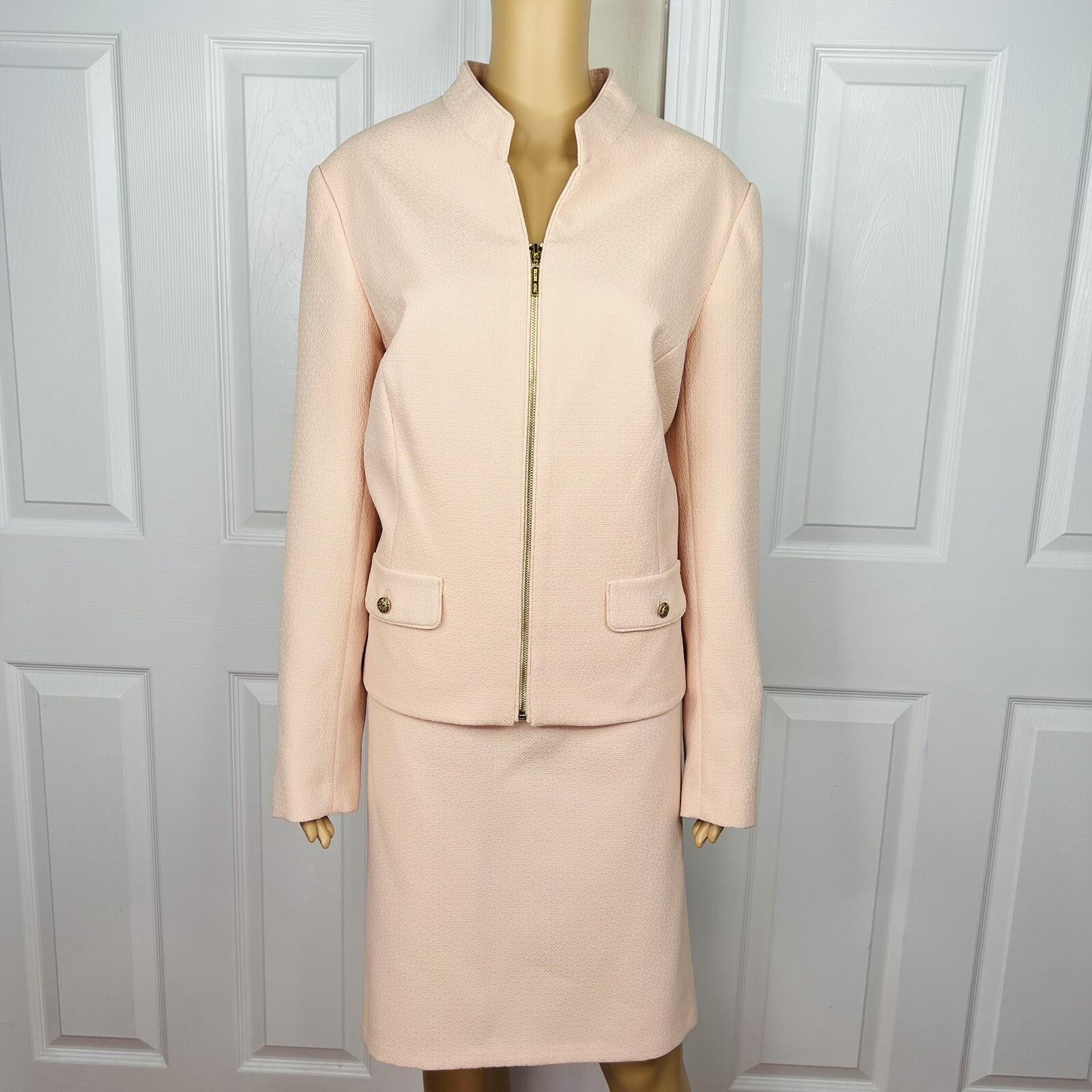 John Meyer Polyester Skirt Suit Size 16 Salmon Stand Up Collar Zip Up 2 Piece