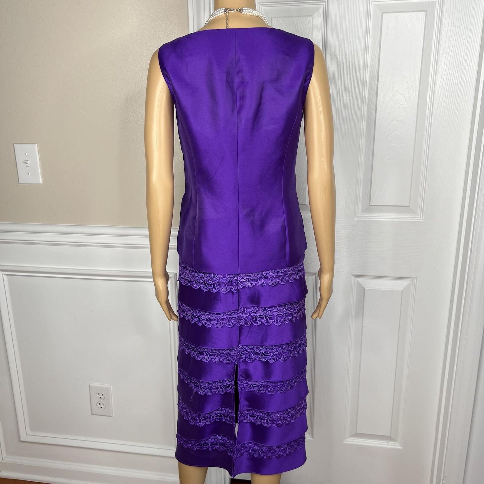 10-656.jpg Diana Polyester Skirt Suit Top Size 8 Purple Tiered Ruffle Elastic Waist 3PC New