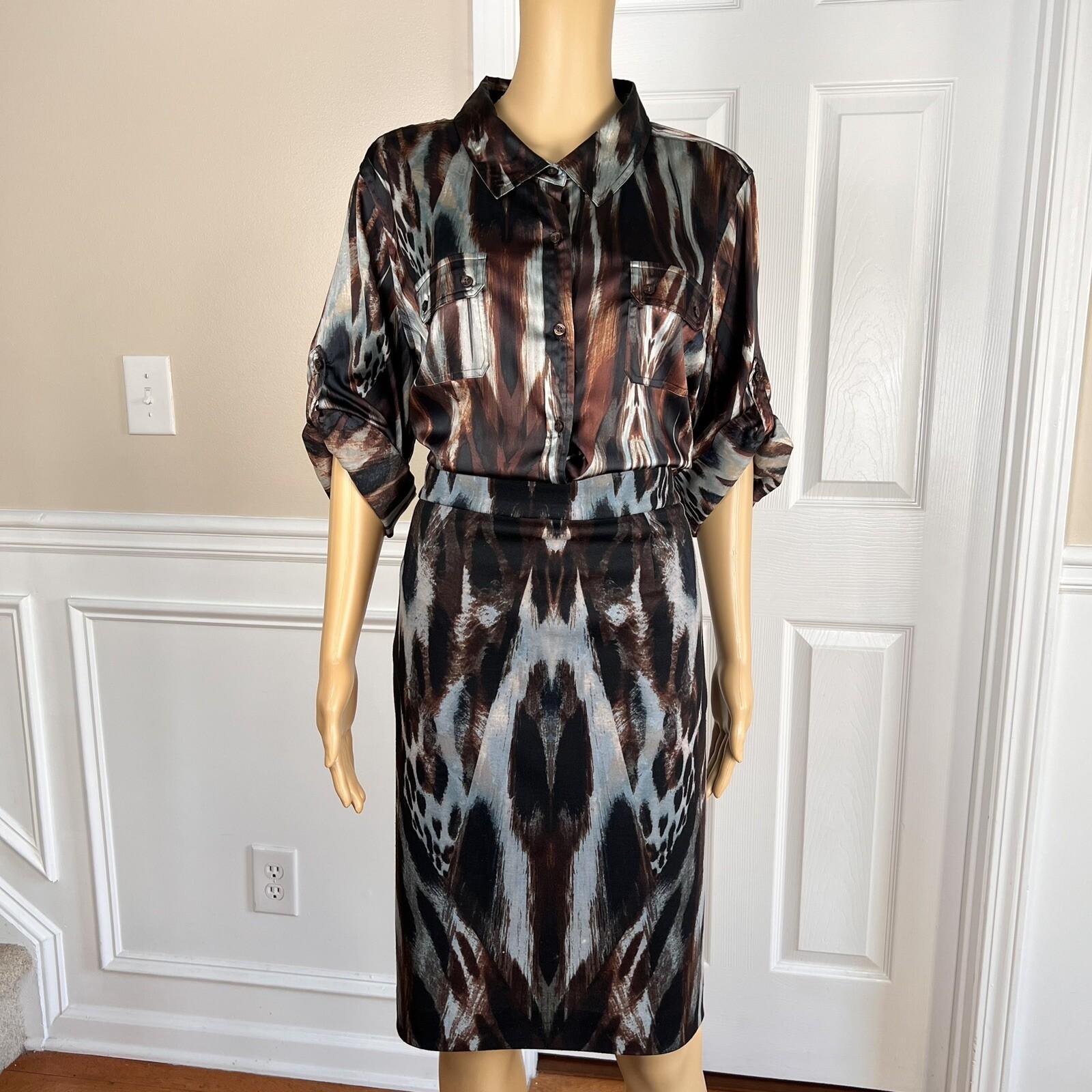 Calvin Klein Polyester Spandex Skirt Blouse Size 14 Multicolor Abstract 2PC
