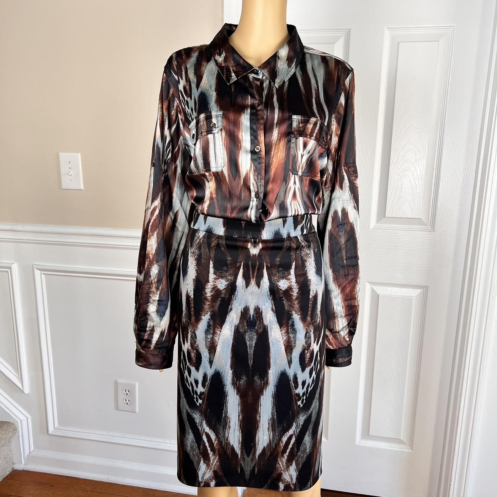 Calvin Klein Polyester Spandex Skirt Blouse Size 14 Multicolor Abstract 2PC