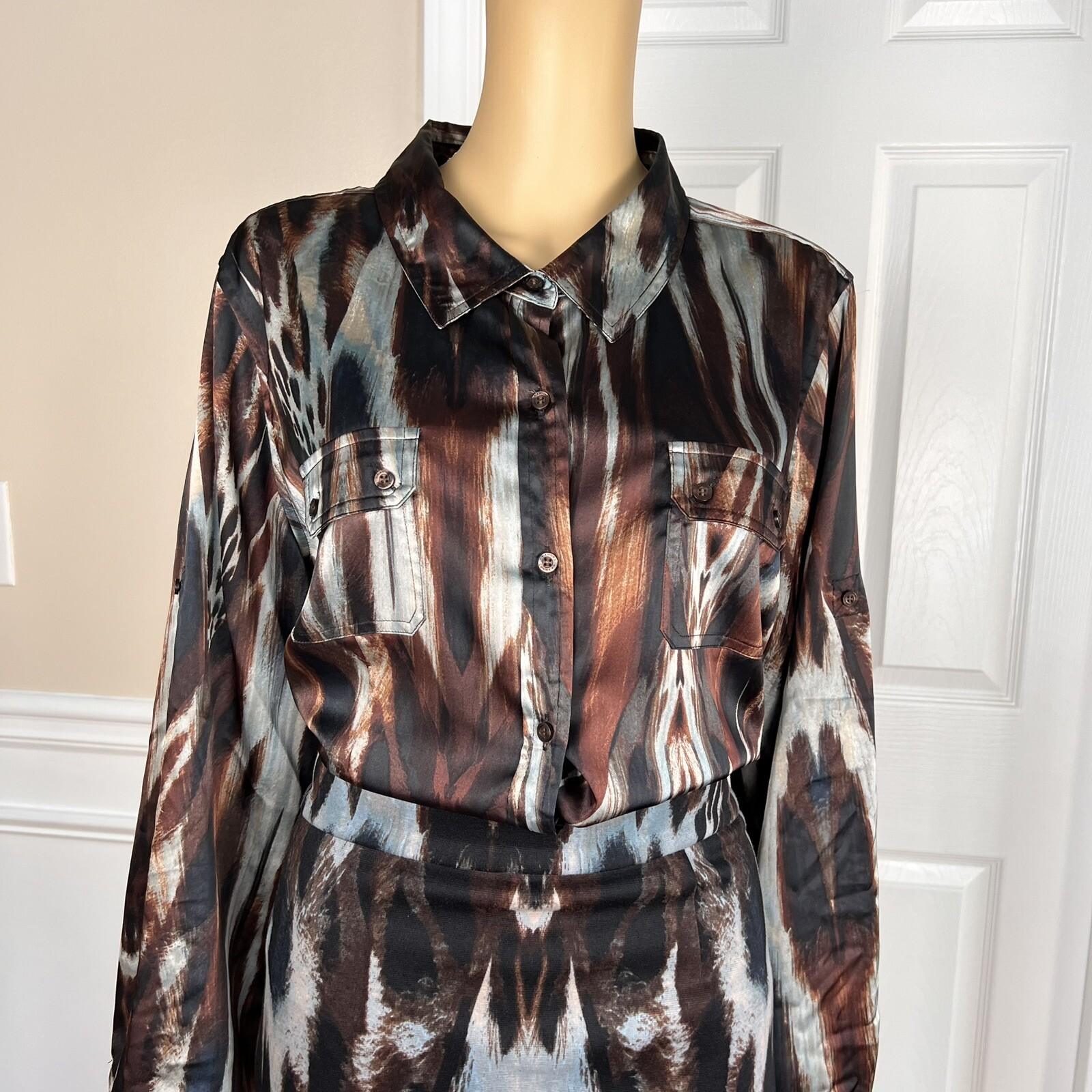 Calvin Klein Polyester Spandex Skirt Blouse Size 14 Multicolor Abstract 2PC