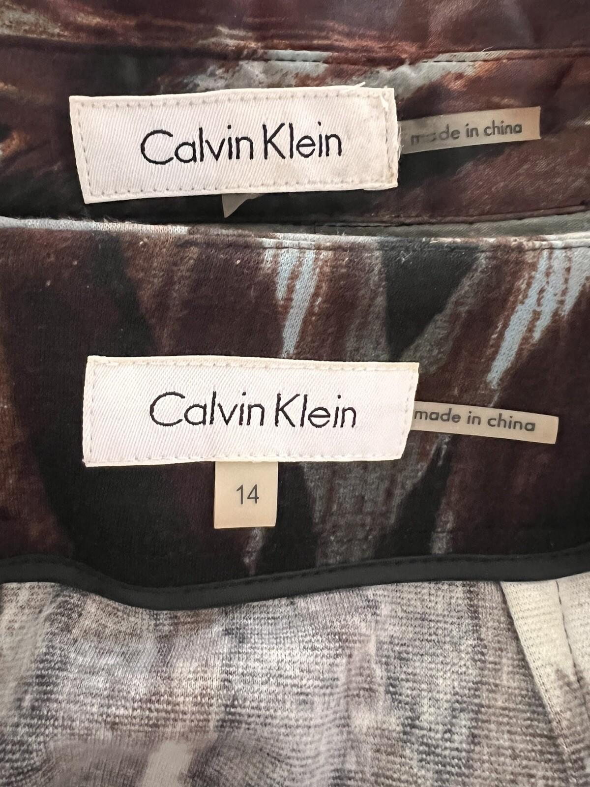 Calvin Klein Polyester Spandex Skirt Blouse Size 14 Multicolor Abstract 2PC