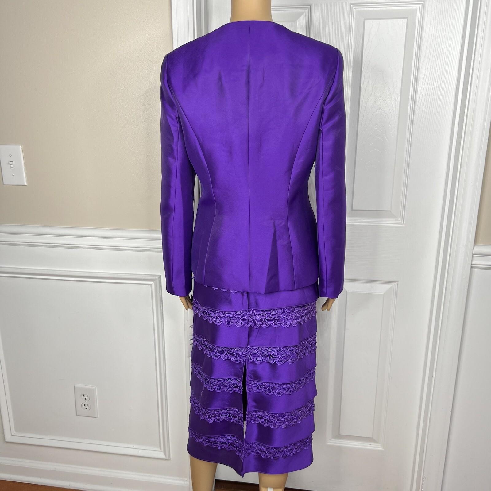 10-658.jpg Diana Polyester Skirt Suit Top Size 8 Purple Tiered Ruffle Elastic Waist 3PC New