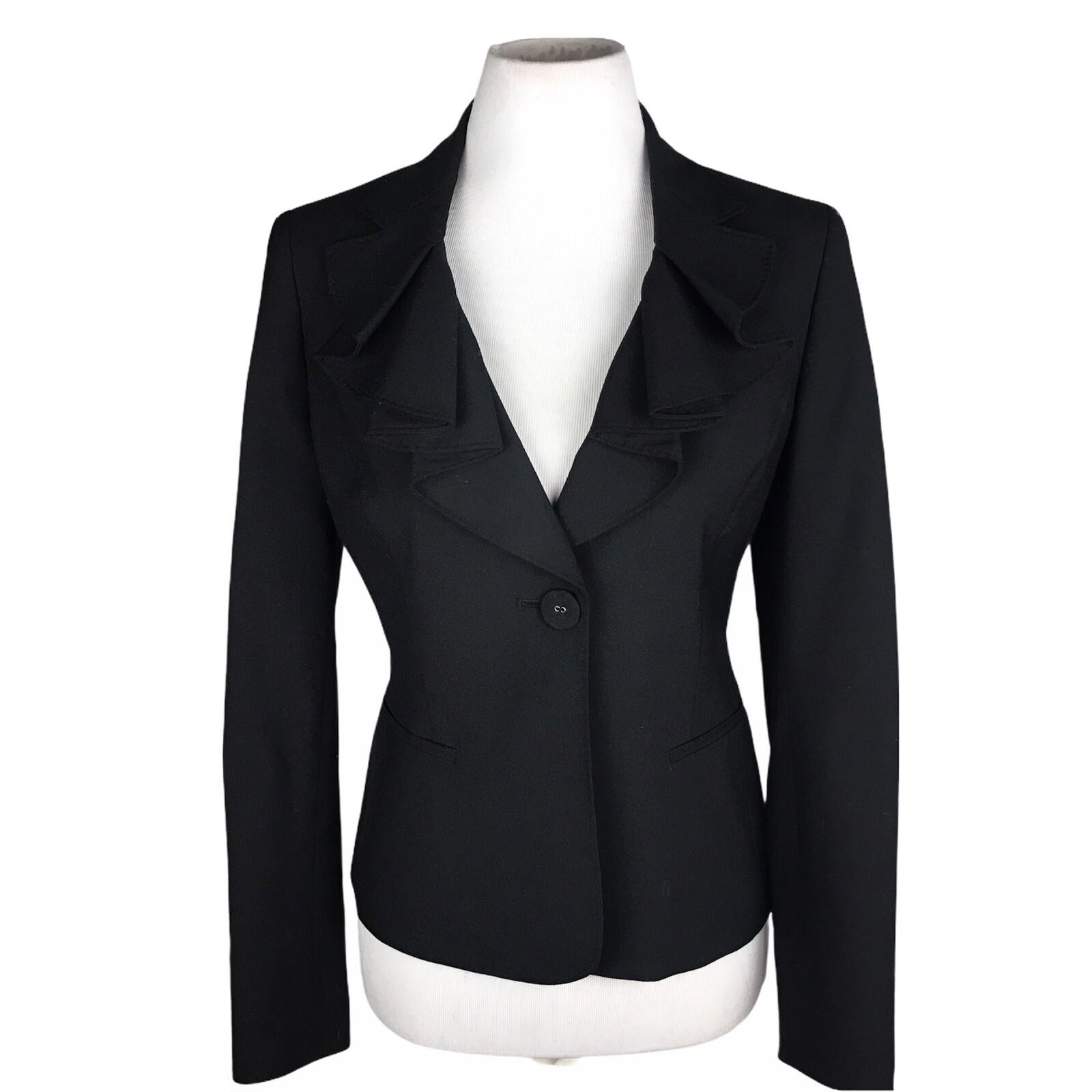 Anne Klein Polyester Blazer Size 8P Black Single Breasted Ruffle Collar Lined