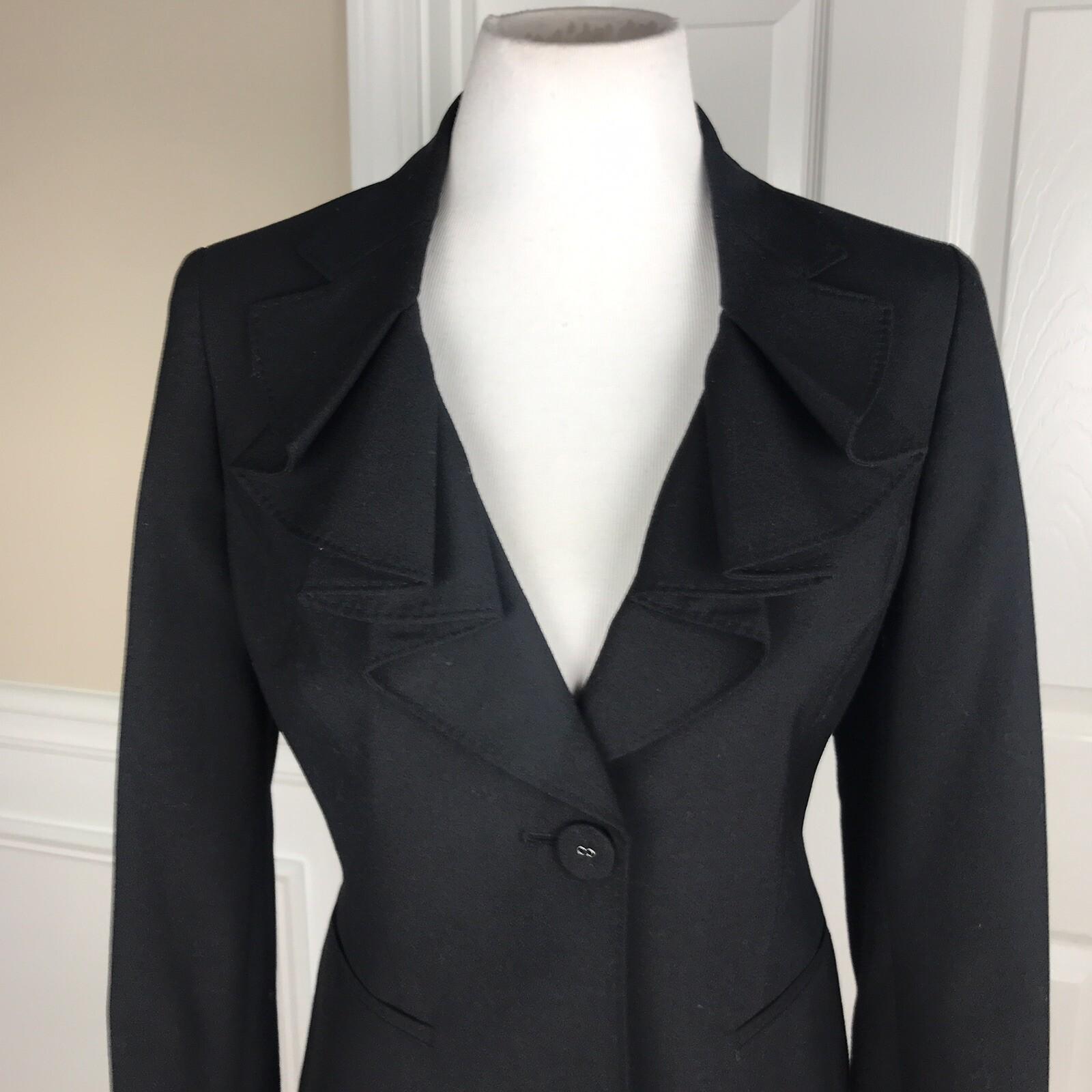 Anne Klein Polyester Blazer Size 8P Black Single Breasted Ruffle Collar Lined