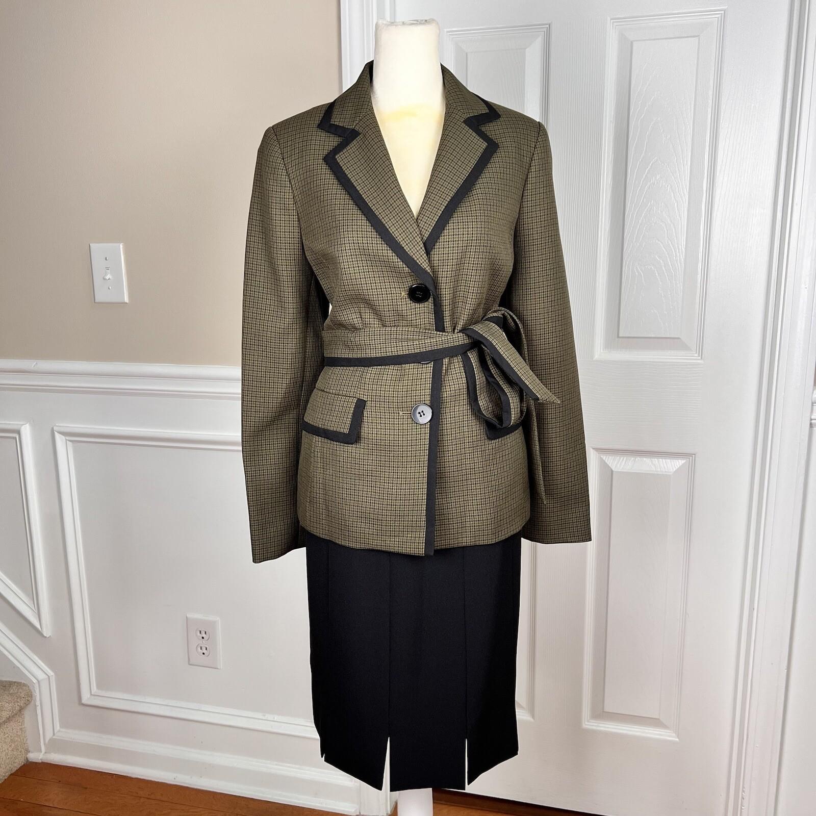 Kasper Women Polyester  Skirt Suit Size 8 Dark Green Black Lined Belted 2PC