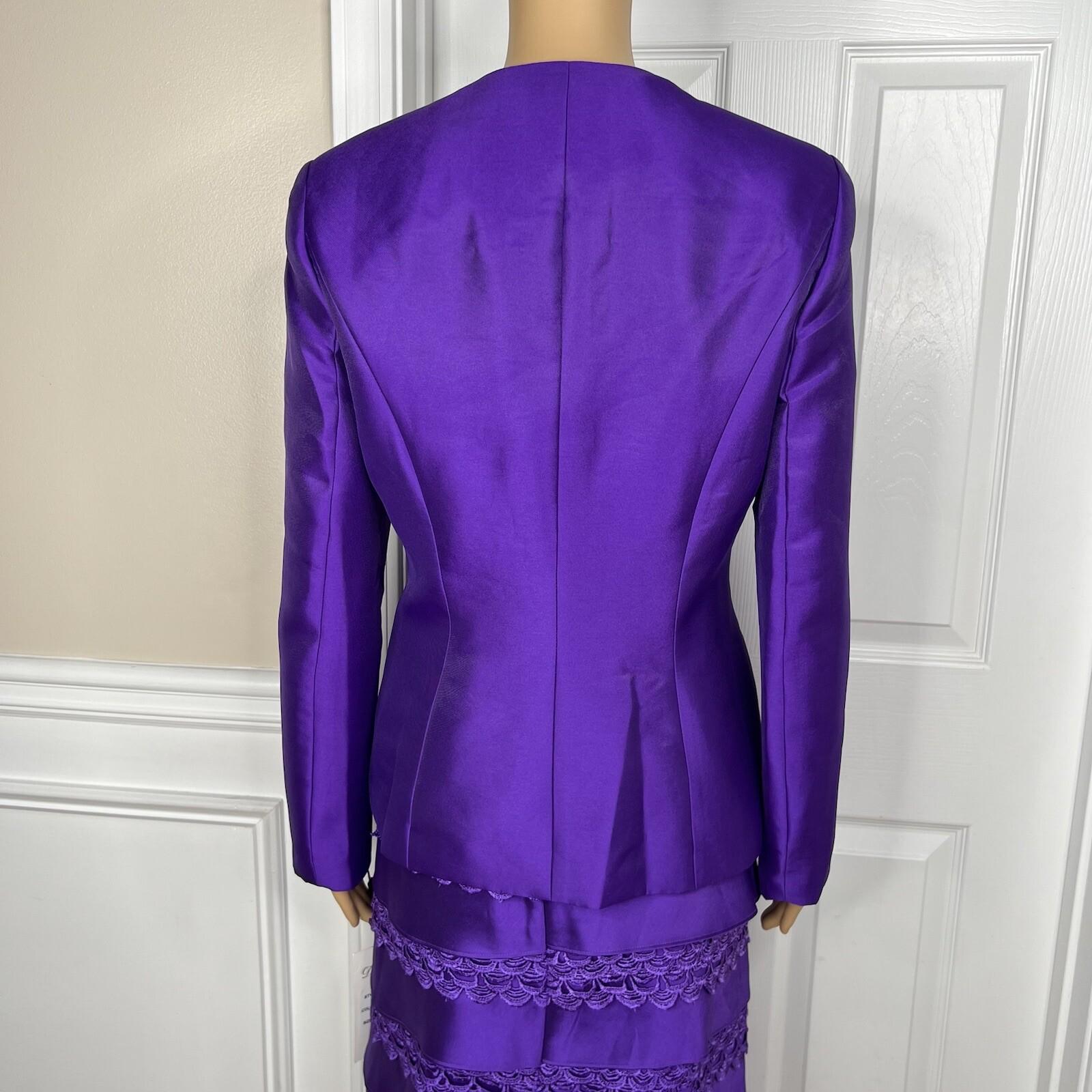 10-660.jpg Diana Polyester Skirt Suit Top Size 8 Purple Tiered Ruffle Elastic Waist 3PC New