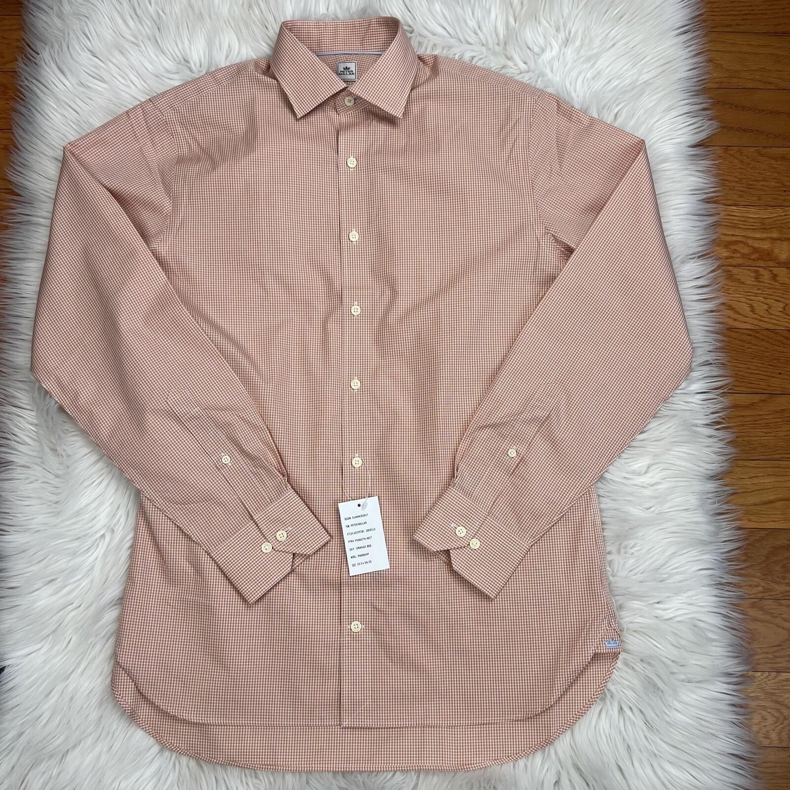 Peter Millar Button Up Shirt Size 15S Long Orange NanoLuxe Check Classic New