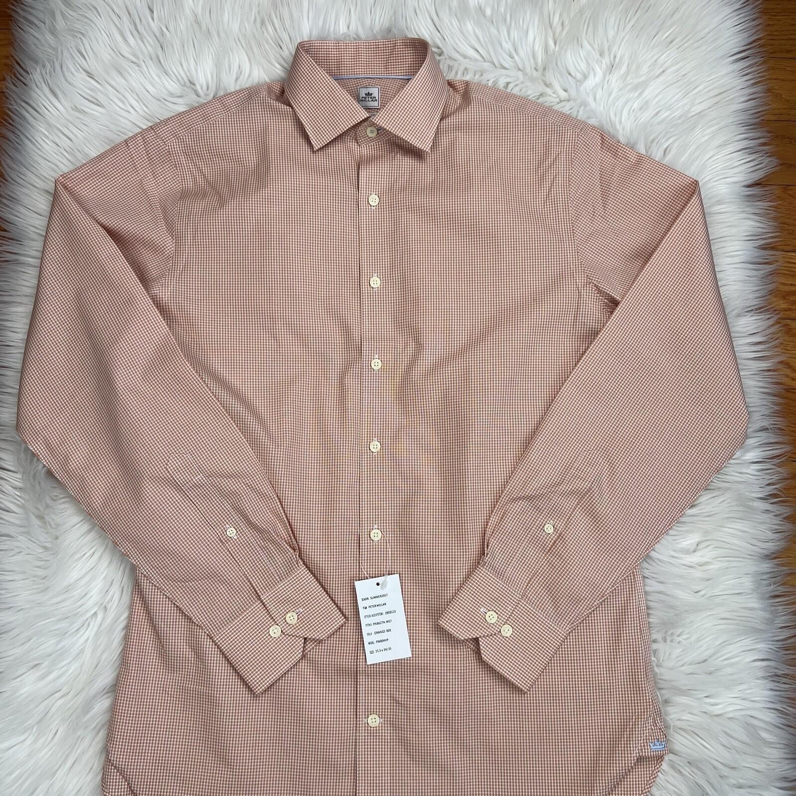 Peter Millar Button Up Shirt Size 15S Long Orange NanoLuxe Check Classic New