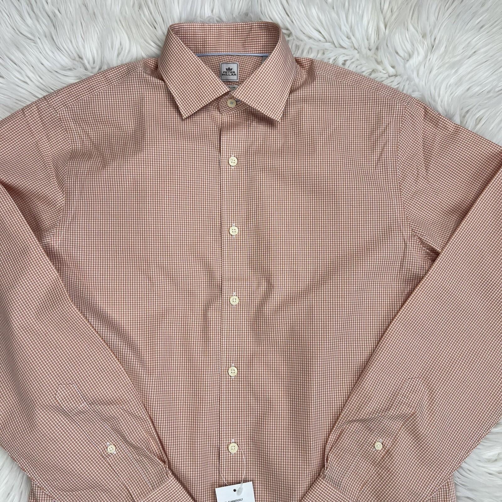 Peter Millar Button Up Shirt Size 15S Long Orange NanoLuxe Check Classic New