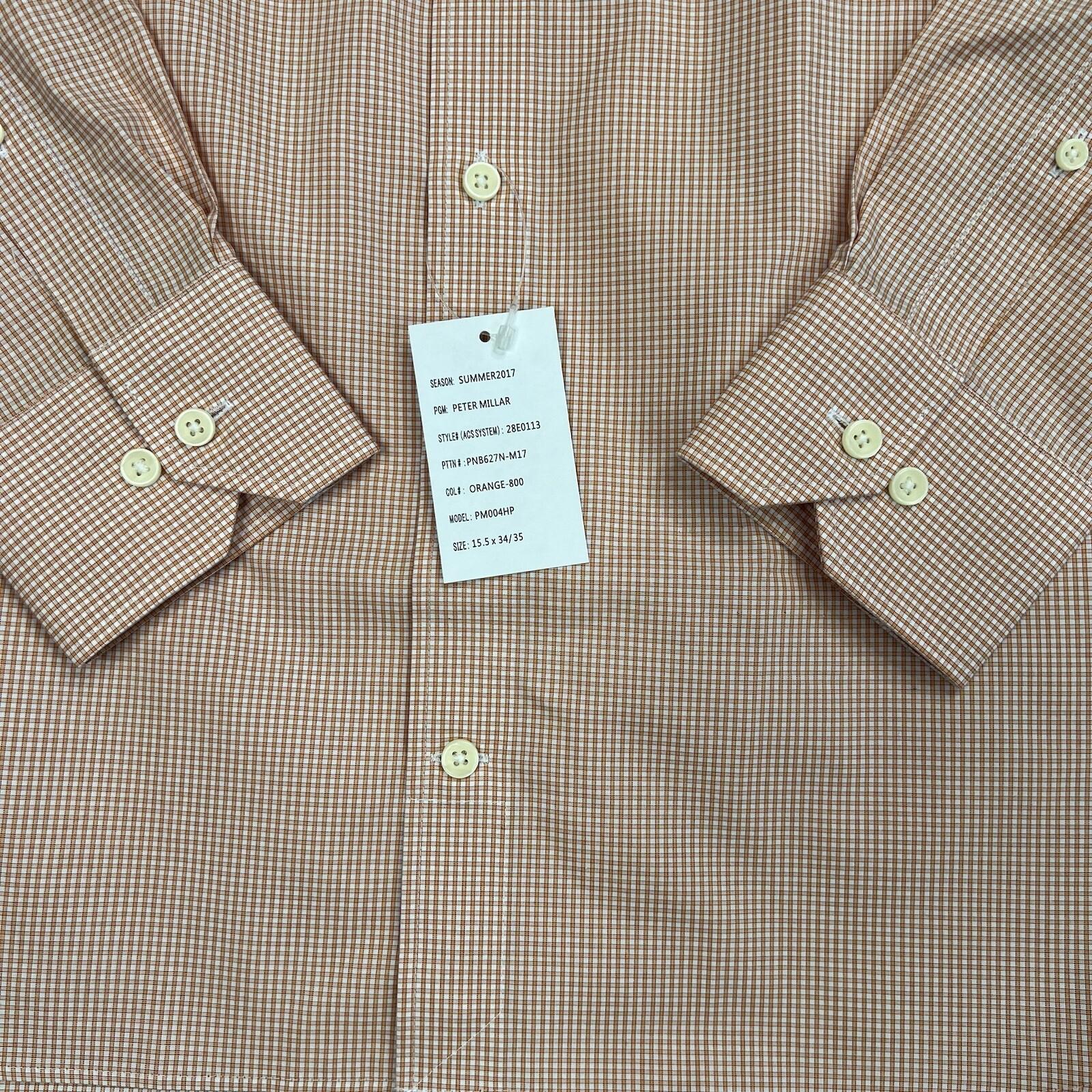 Peter Millar Button Up Shirt Size 15S Long Orange NanoLuxe Check Classic New