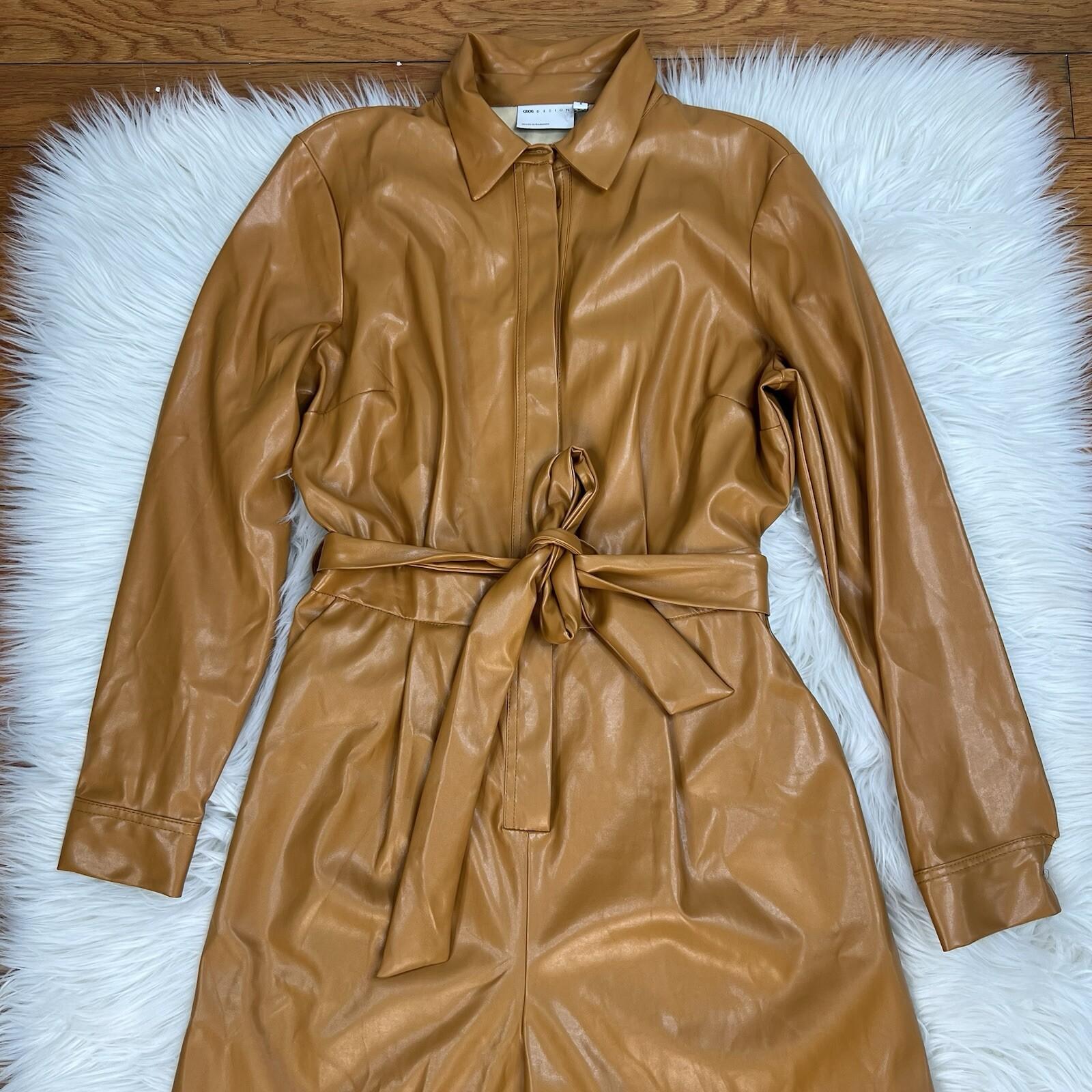 Asos Design Leather Look Jumpsuit Size 8 Caramel Faux leather Belted New